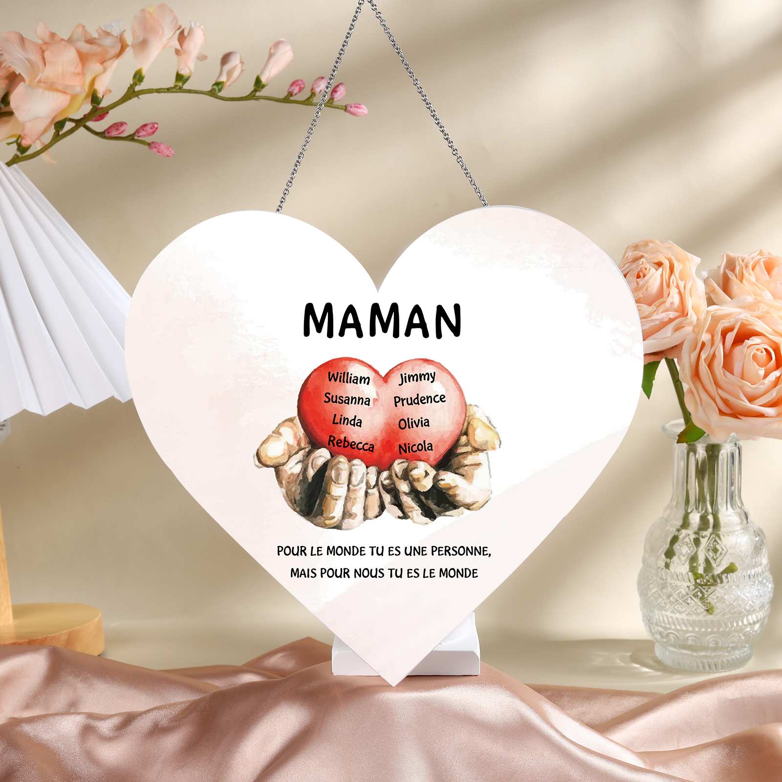 À Maman/Mamie - Veilleuse Cœur Décoration Mains et Cœur 8 Prénoms Personnalisés avec 2 Textes