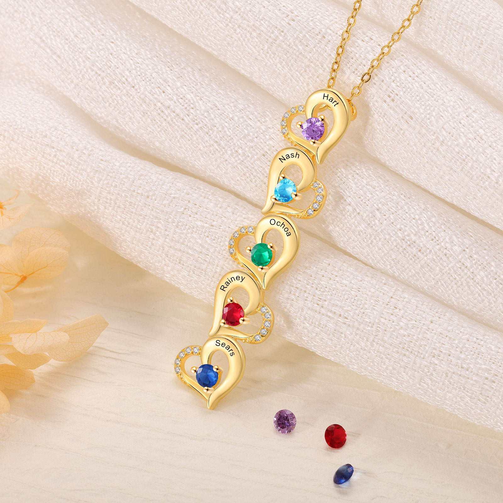 Collier Pendentif Cœur 5 Prénoms Personnalisés avec Pierre de naissance pour Femmes
