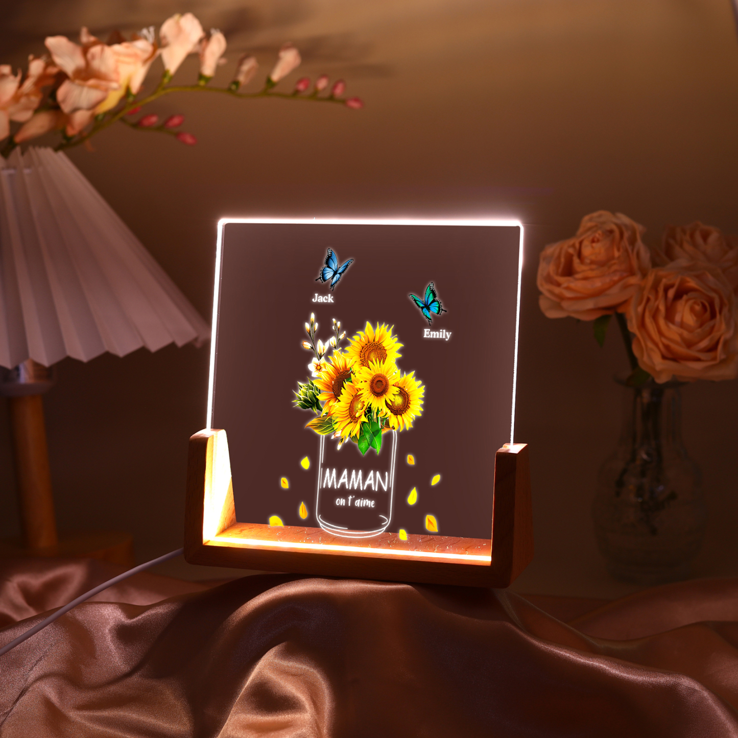 À Maman/Mamie - Lampe de chevet LED Tournesol 2 Prénoms Personnalisés avec 2 Textes pour Famille