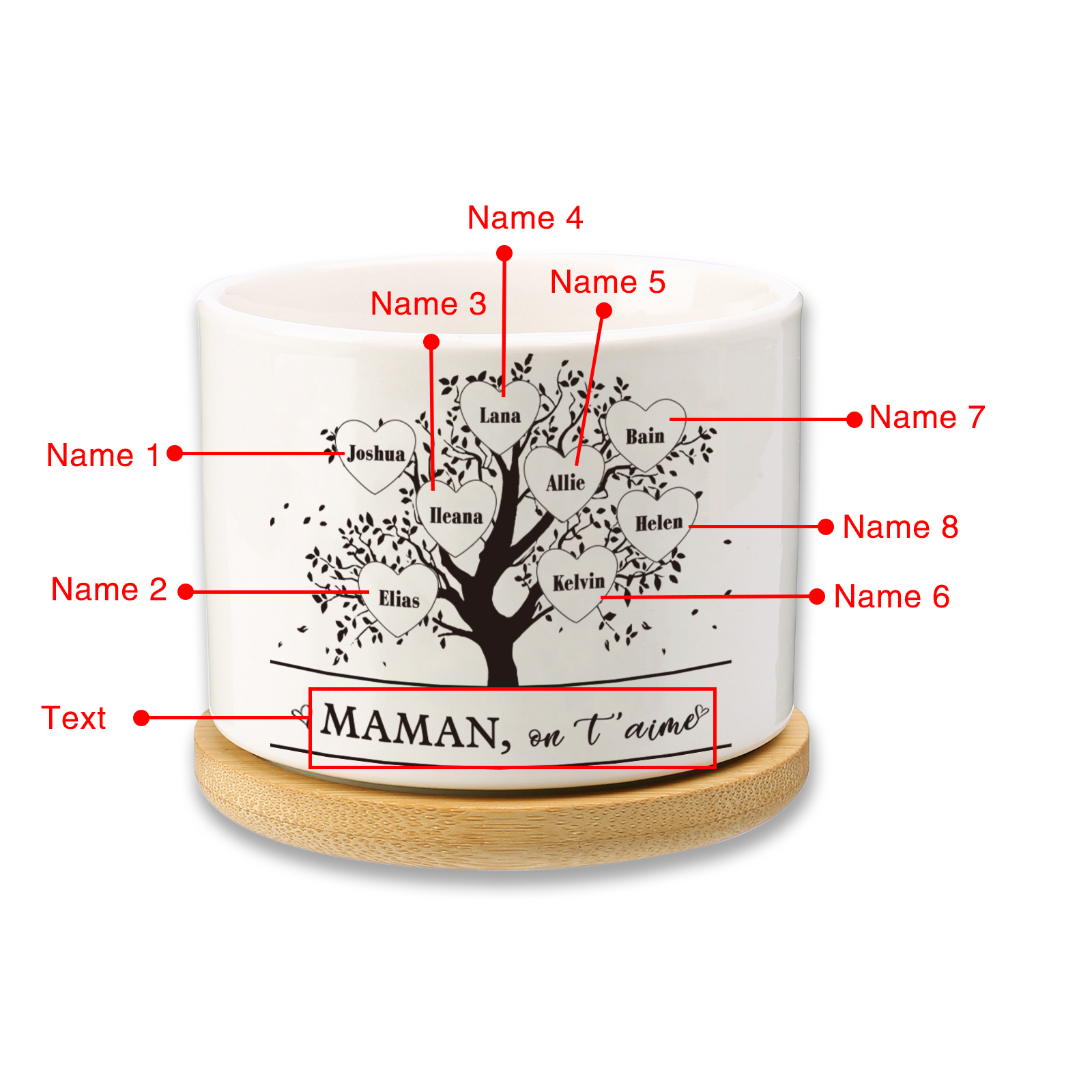 Vase/Pot de Fleurs Arbre de vie 8 Prénoms Personnalisés avec Texte Décoration de la Maison (sans plantes)