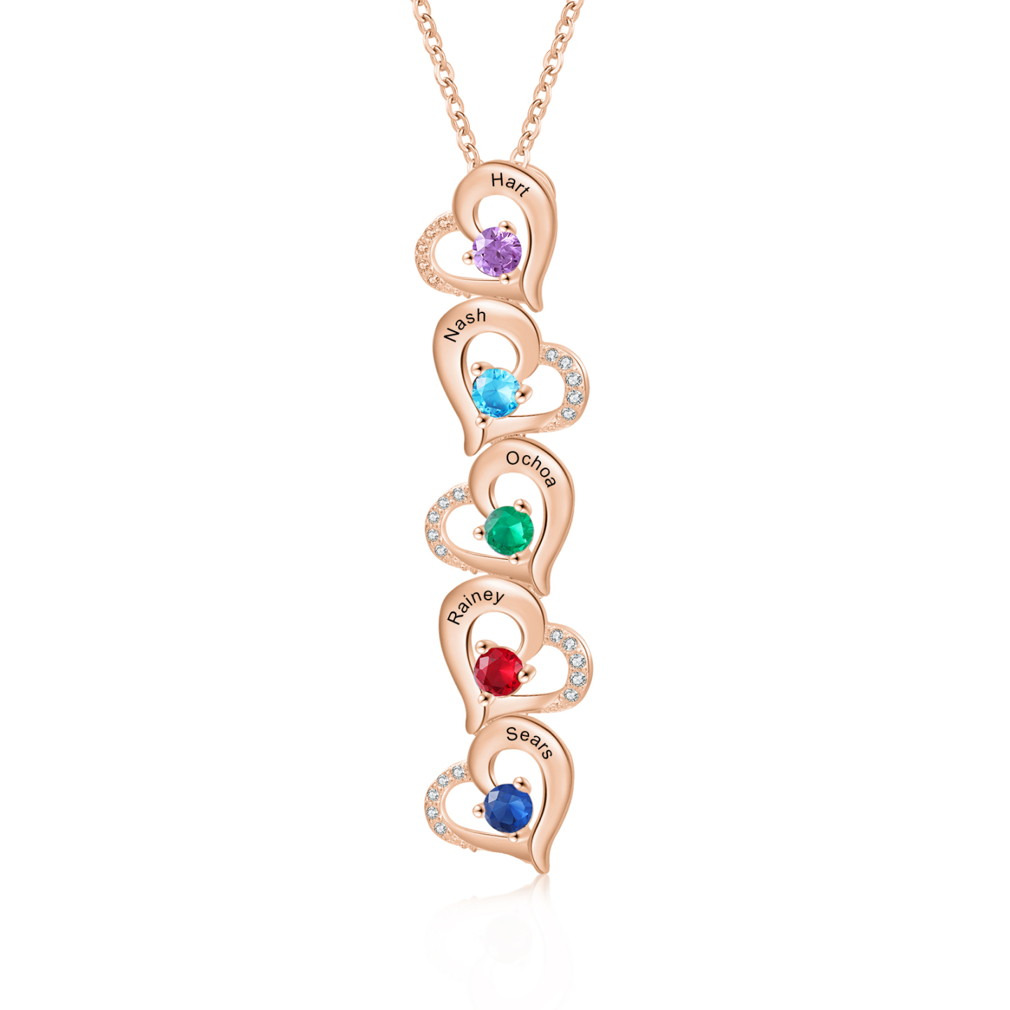 Collier Pendentif Cœur 5 Prénoms Personnalisés avec Pierre de naissance pour Femmes