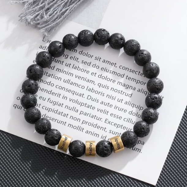 À mon Papa - Bracelet 3 Prénoms Personnalisés Pierre de lave Noir Bracelet Homme