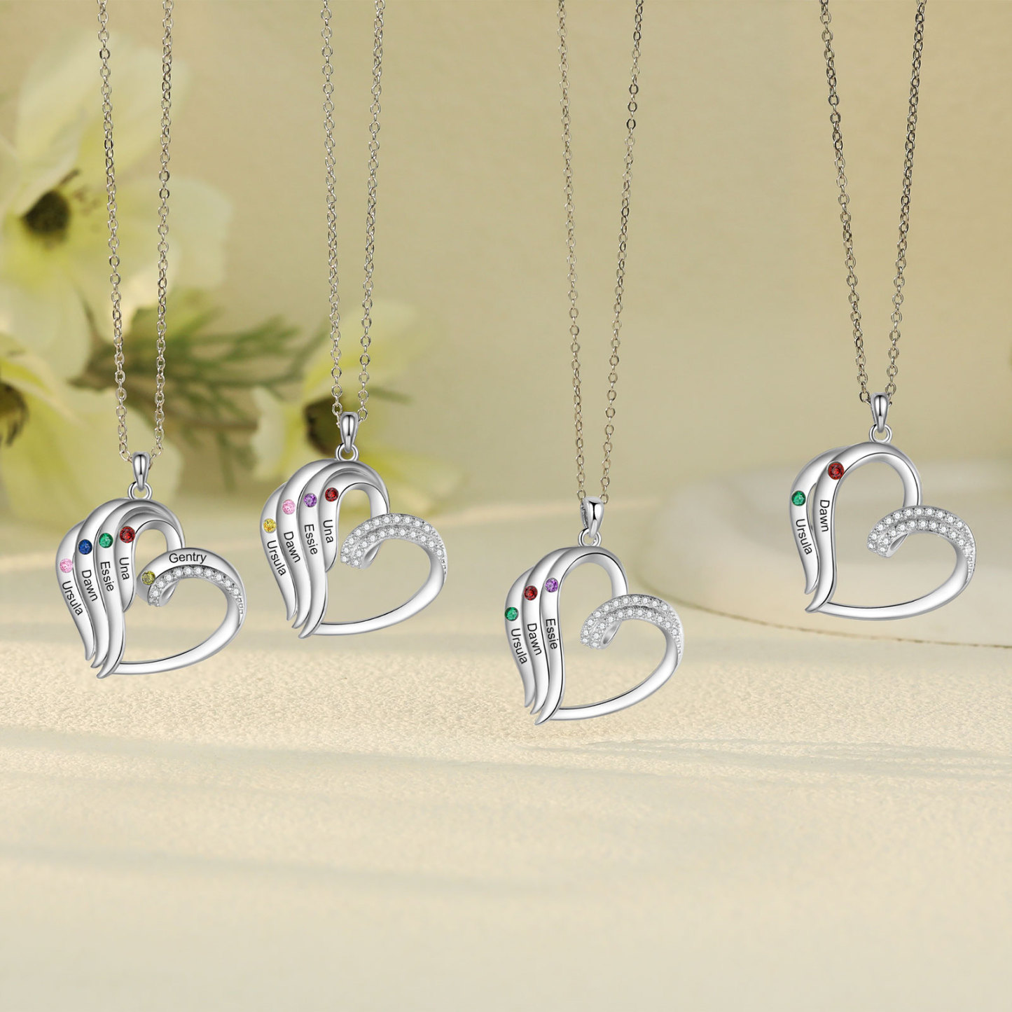 Collier Coeur 5 Prénoms Personnalisés avec Pierre de naissance pour Femmes|Jessemade