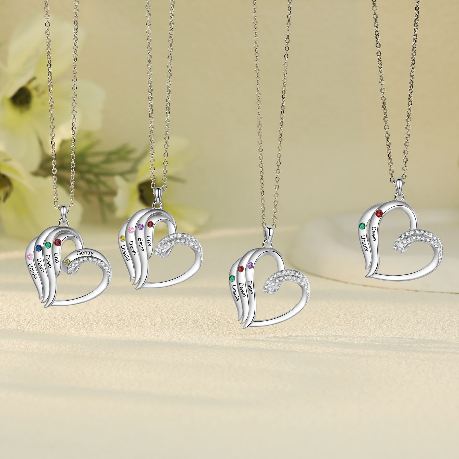 Collier Coeur 5 Prénoms Personnalisés avec Pierre de naissance pour Femmes|Jessemade