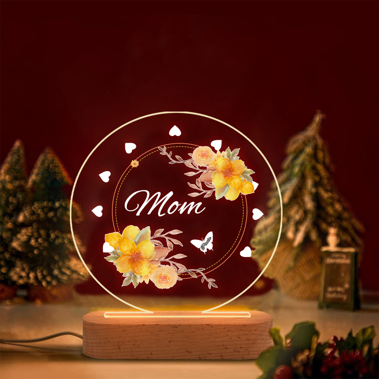 À Maman/Mamie - Lampe de chevet LED Fleurs et Papillons 1 Prénom Personnalisé avec 1 Texte