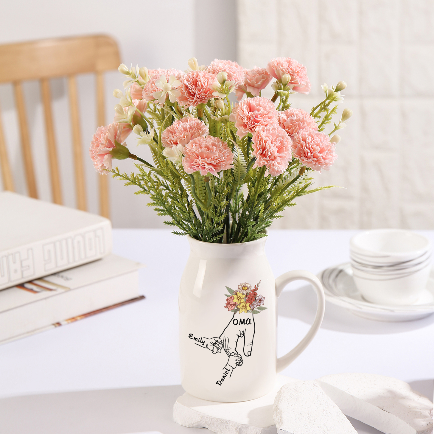 Vase à Fleurs la main dans la main 2 Prénoms Personnalisés avec Texte Décoration de la Maison