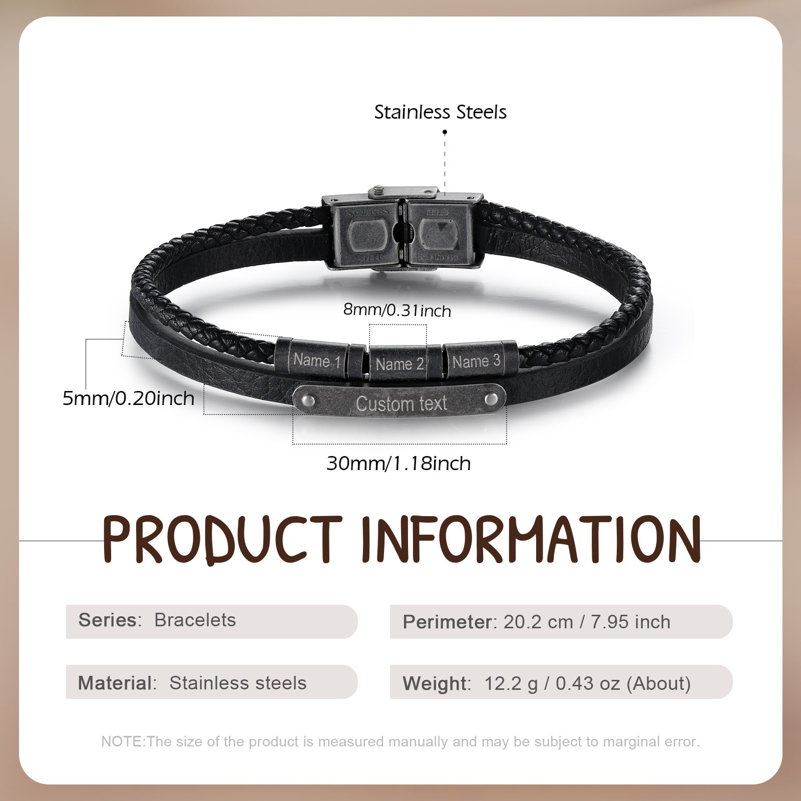 Bracelet Cuir 2-5 Préoms Personnalisés avec Texte pour Homme