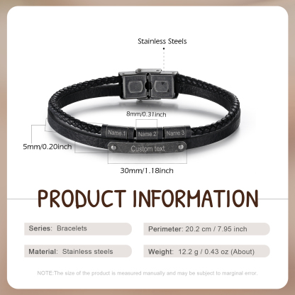 Bracelet Cuir 2-5 Préoms Personnalisés avec Texte pour Homme