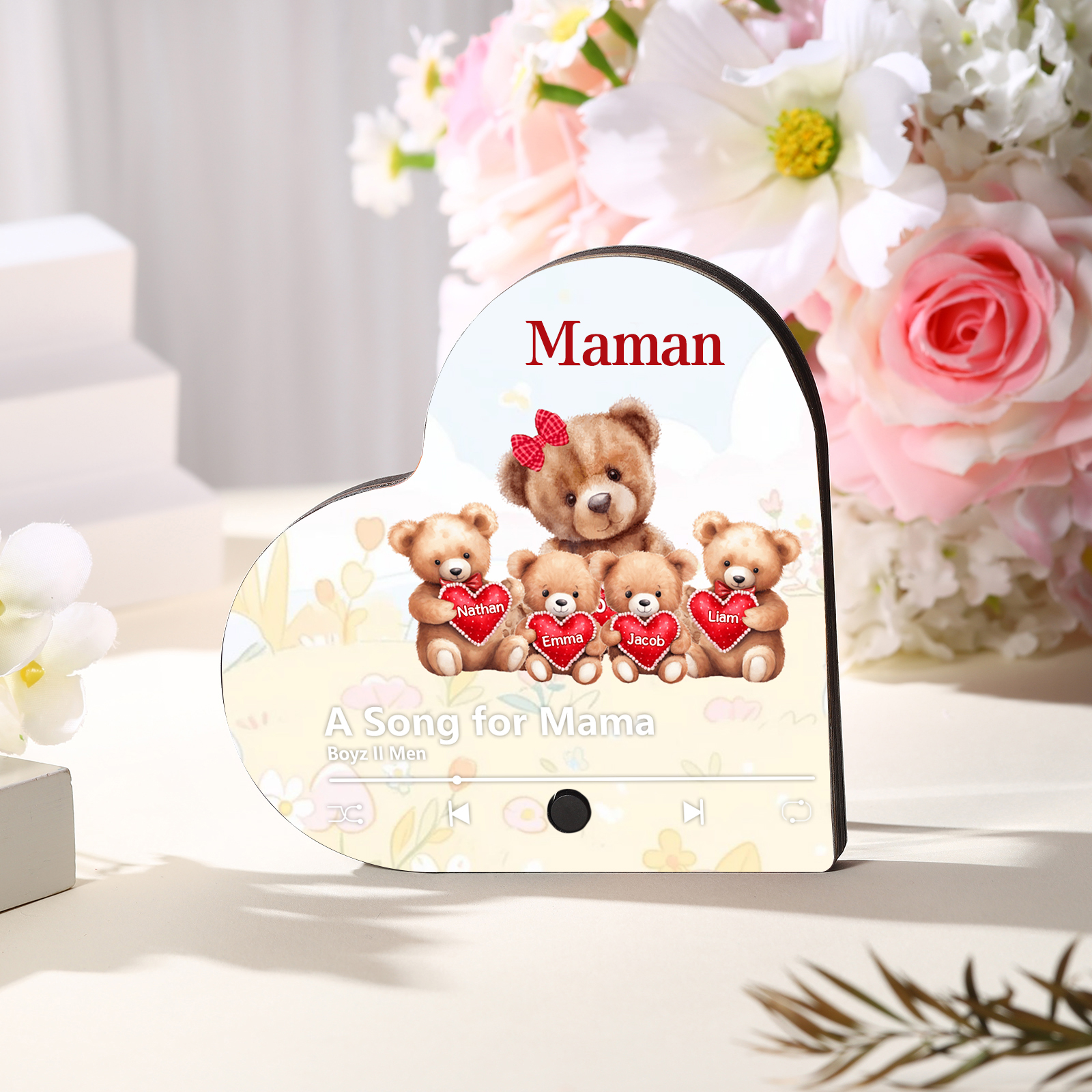 À Maman/Mamie - Aimant Frigo Musical Cœur Personnalisé avec Texte et 4 Prénoms Aimant De Réfrigérateur pour Maman/Mamie | Jessemade