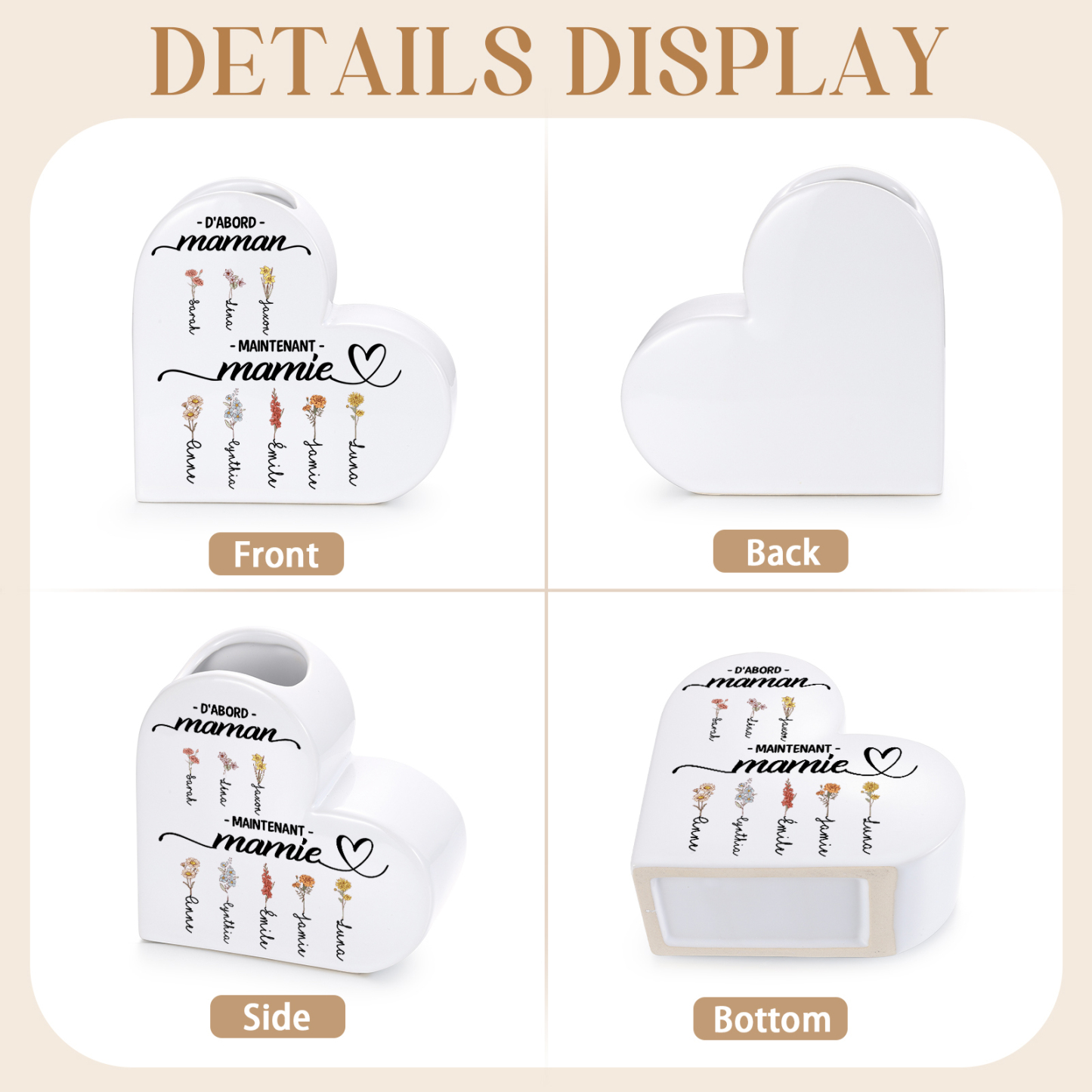 Vase cœur en céramique Personnalisée avec 2 à 12 Fleurs de Naissance et Prénom au choix