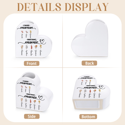 Vase cœur en céramique Personnalisée avec 2 à 12 Fleurs de Naissance et Prénom au choix