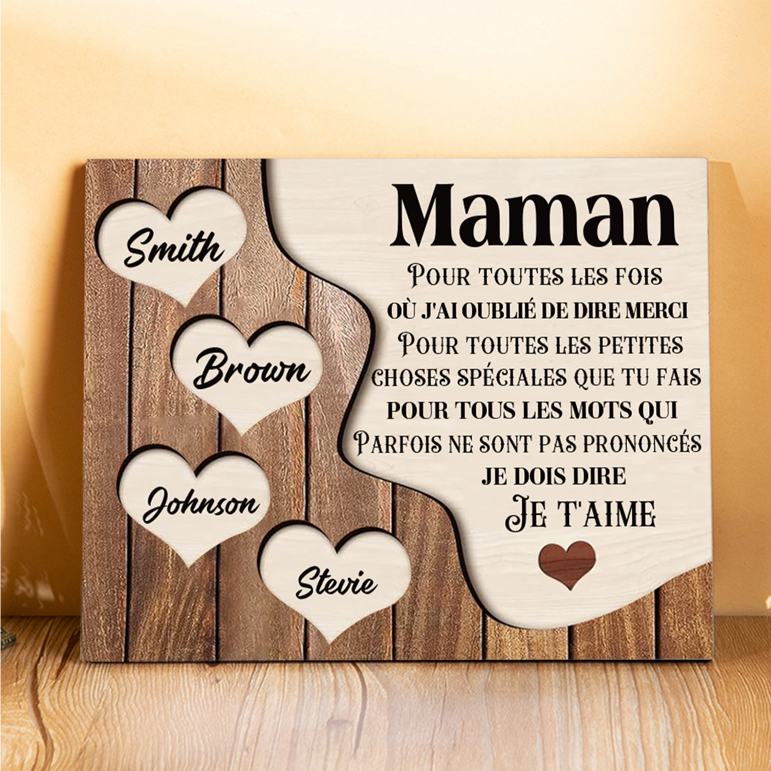 À ma Maman/Mamie - Cadre en Bois 4 Prénoms Personnalisés avec Texte Cadeau pour Famille