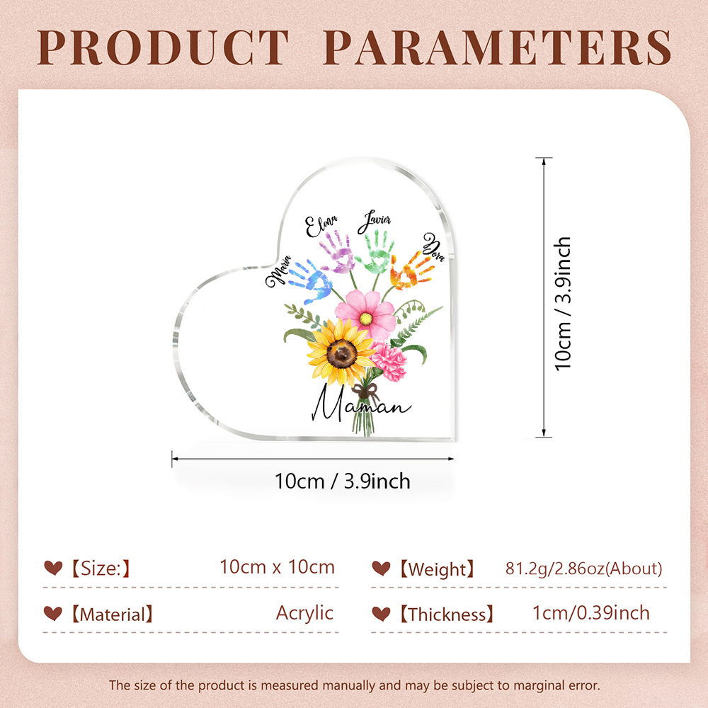 À ma Maman - Plaque Acrylique en Forme de Cœur fleurs 4 Prénoms Personnalisés