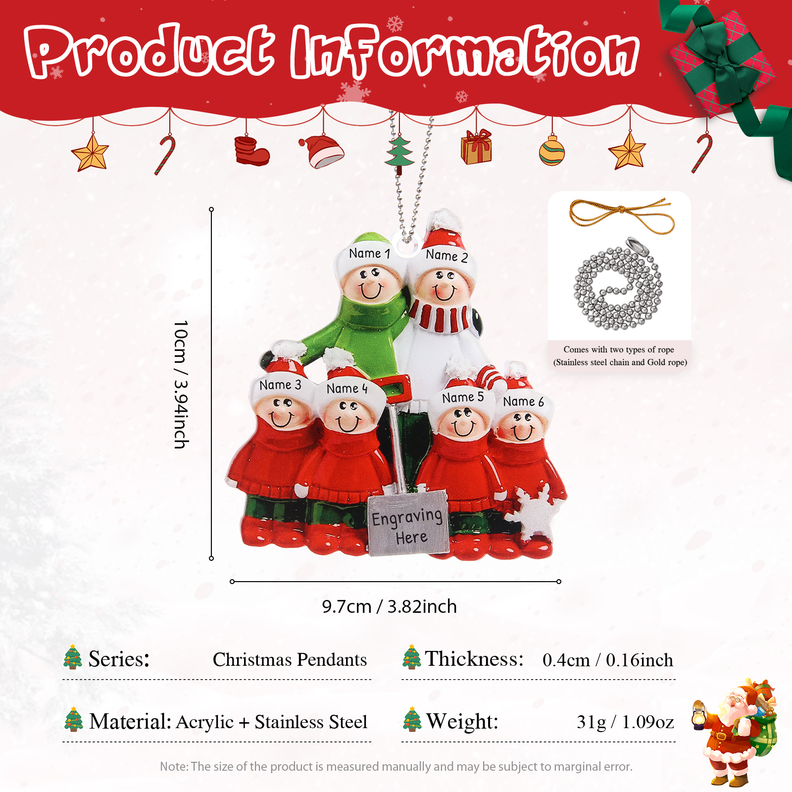 3-6 Noms Ornements de Noël Poupée Acrylique Personnalisés avec Texte