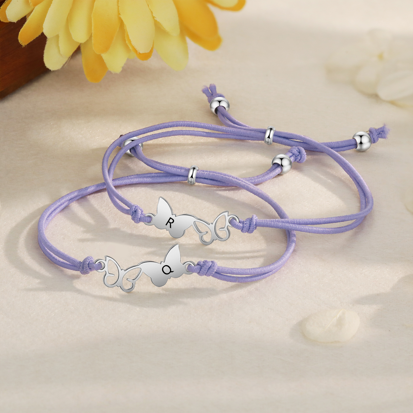 2PCS Bracelet Initiale Papillons 2 Lettres Personnalisées Corde élastiques Cadeau Rentrée Scolaire Premier jour d’école｜Jessemade