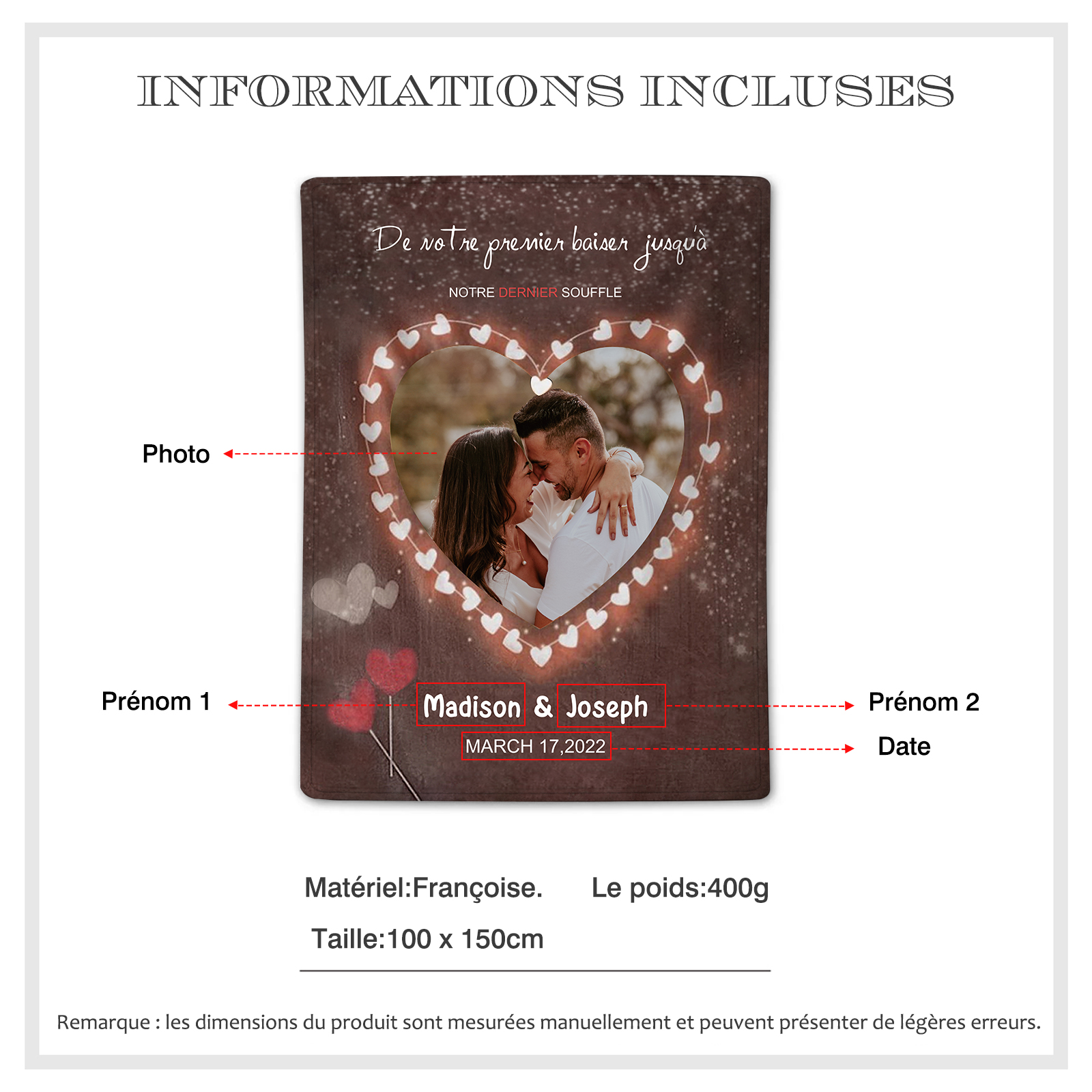 Couverture Plaids Polaire 2 Prénoms Personnalisés avec Date et Photo pour Couple | Jessemade