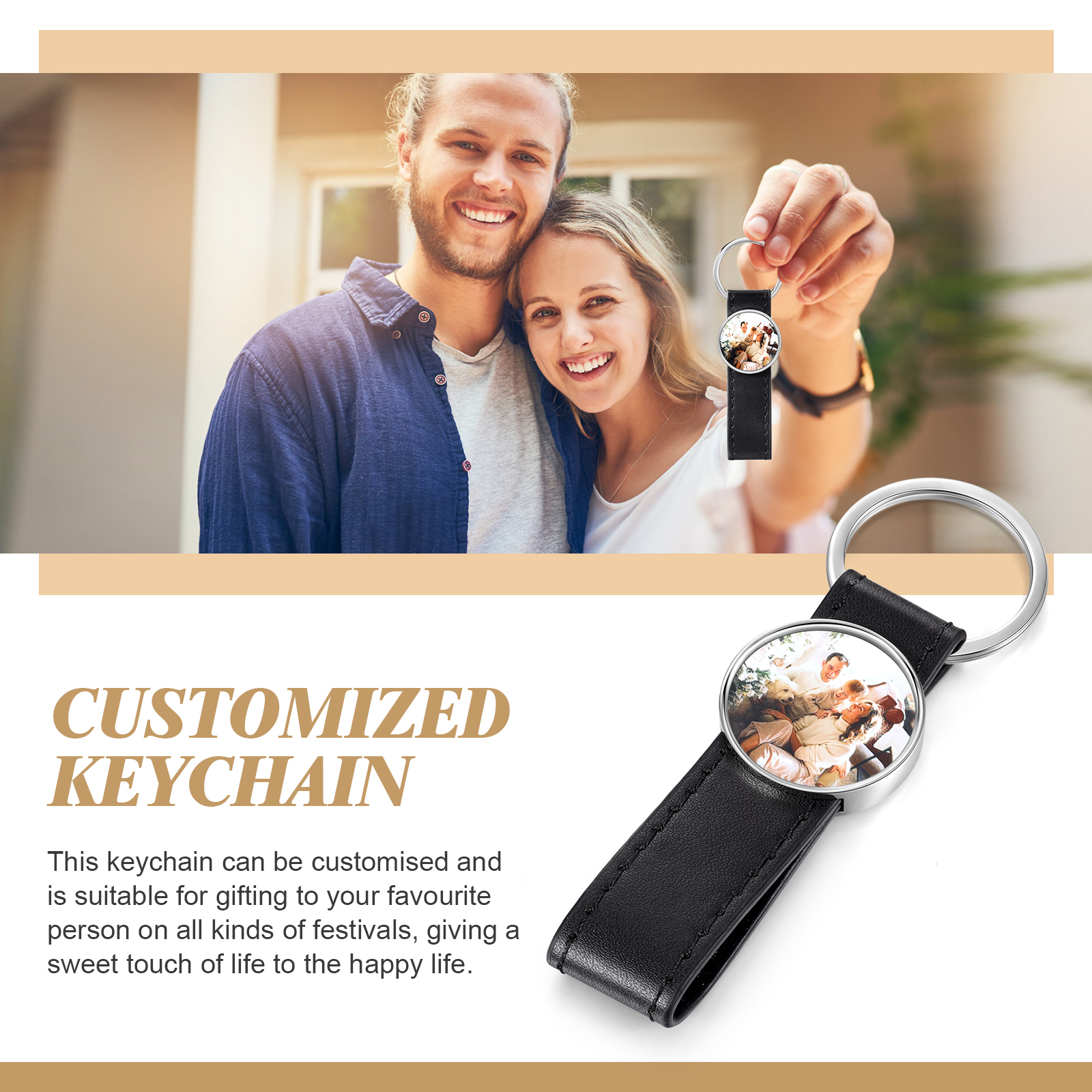 Porte-Clés Cuir PU Rond Photo Personnalisée Porte-Clés Homme