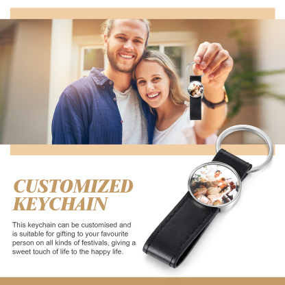 Porte-Clés Cuir PU Rond Photo Personnalisée Porte-Clés Homme