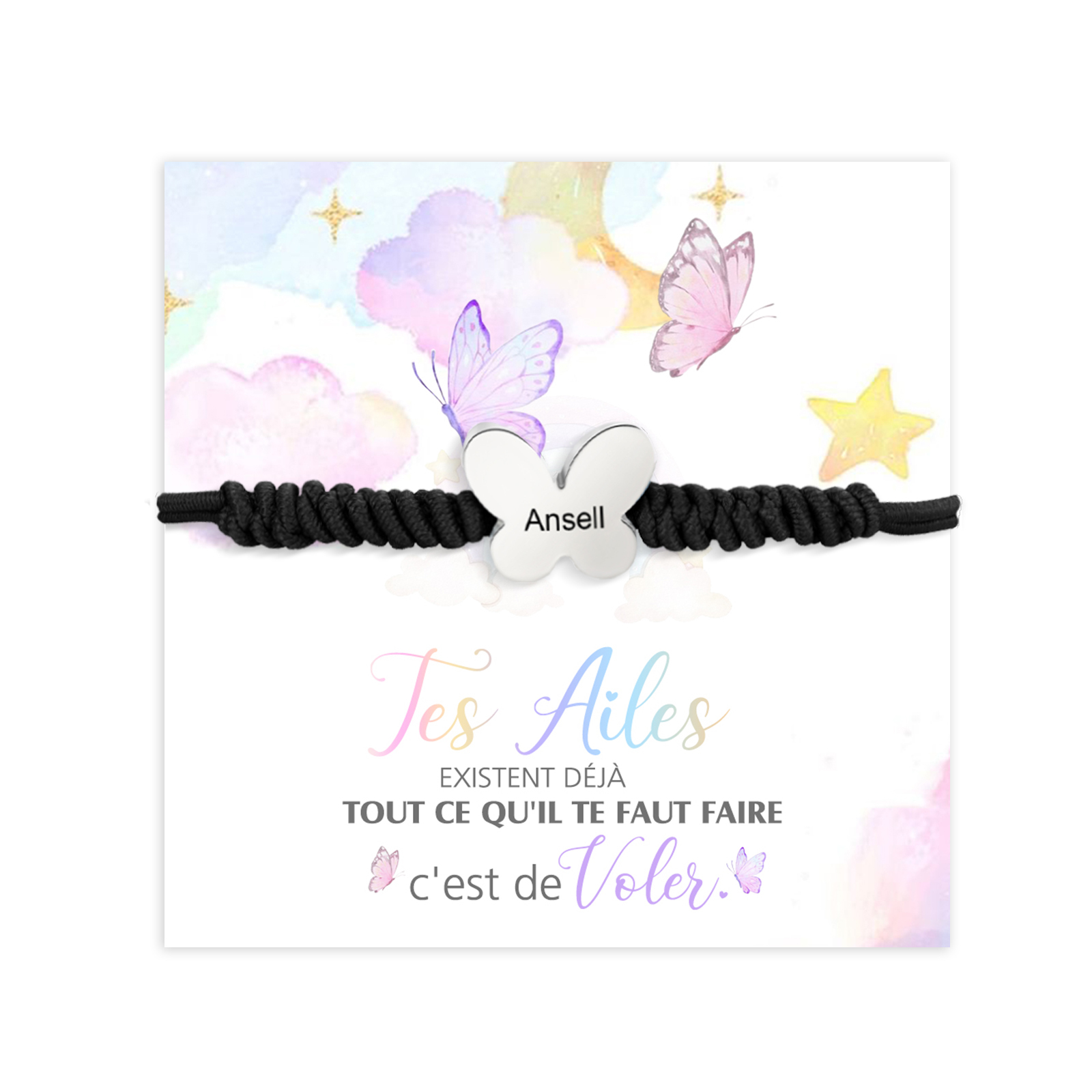 Bracelet Papillon Prénom Personnalisé Corde élastiques - Cadeau Rentrée Scolaire