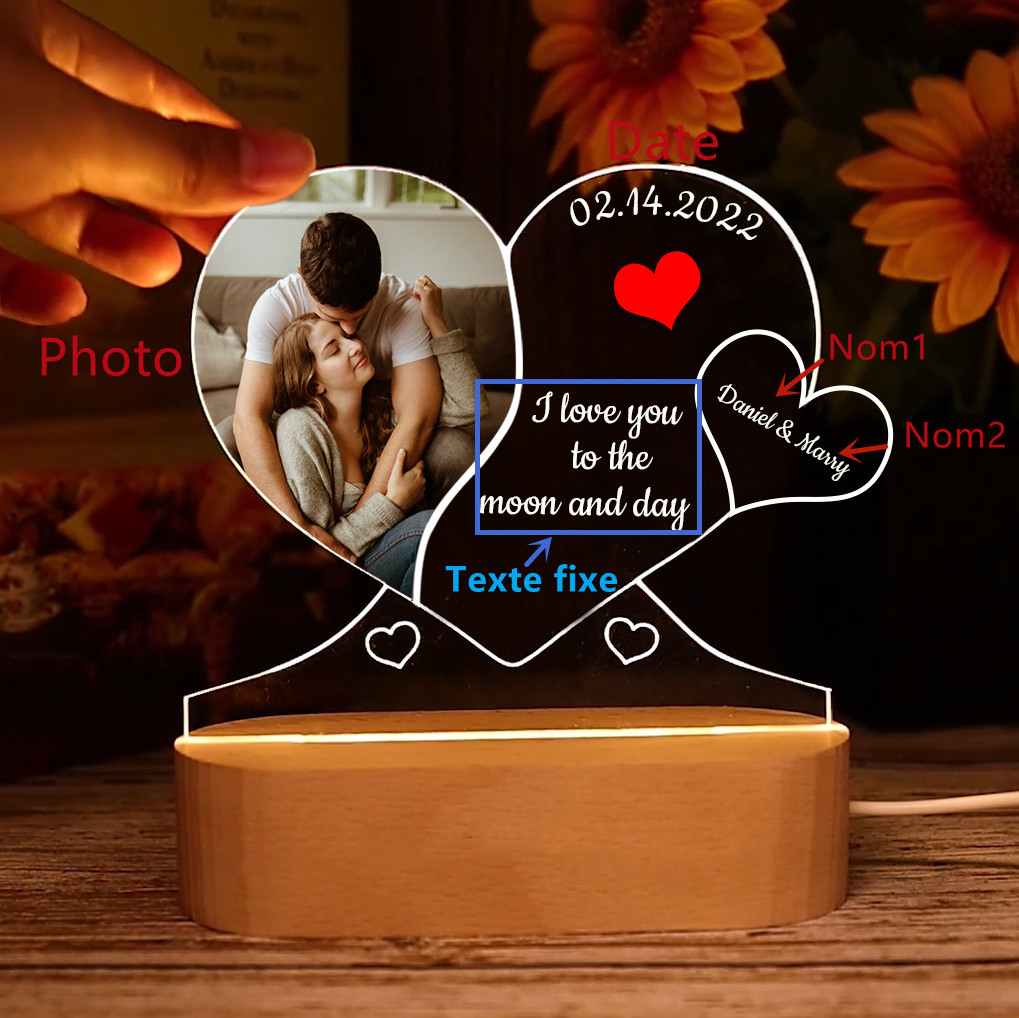 Lampe de chevet LED en forme de coeur 1 Photo avec 2 Prénoms et date | Jessemade
