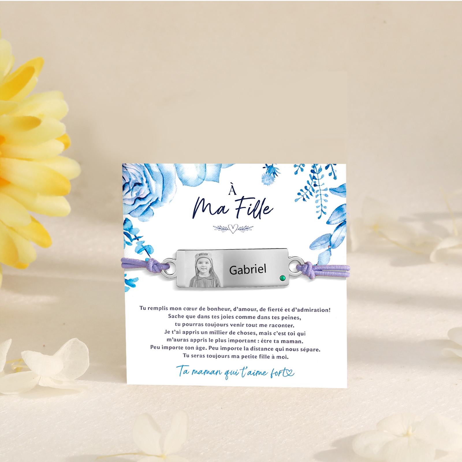 À Ma Fille - Bracelet Prénom et Photo Personnalisés avec Pierre de Naissance Corde élastiques - Cadeau Rentrée Scolaire