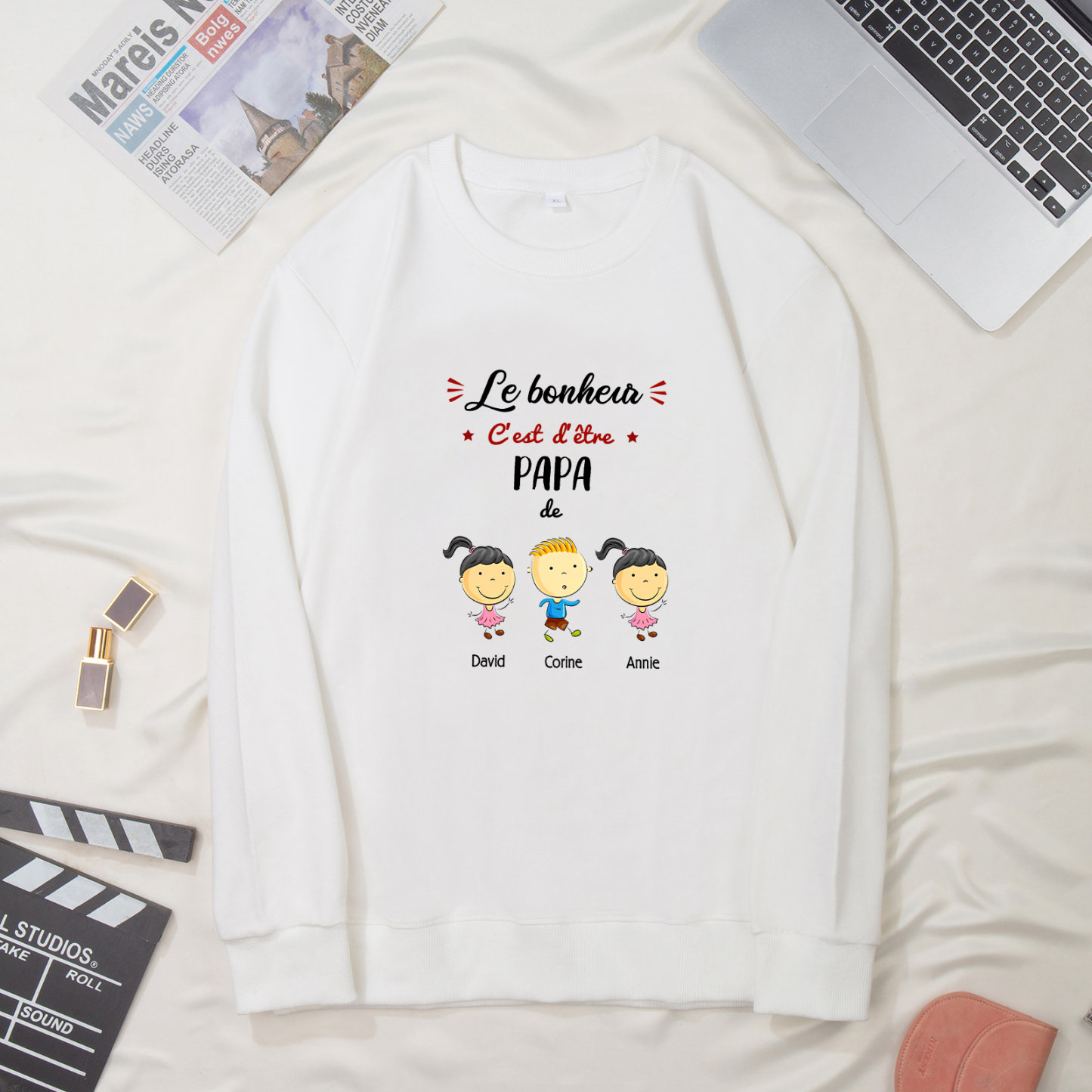 Sweat-Shirt 3 Enfants 3 Prénoms Personnalisés avec Texte