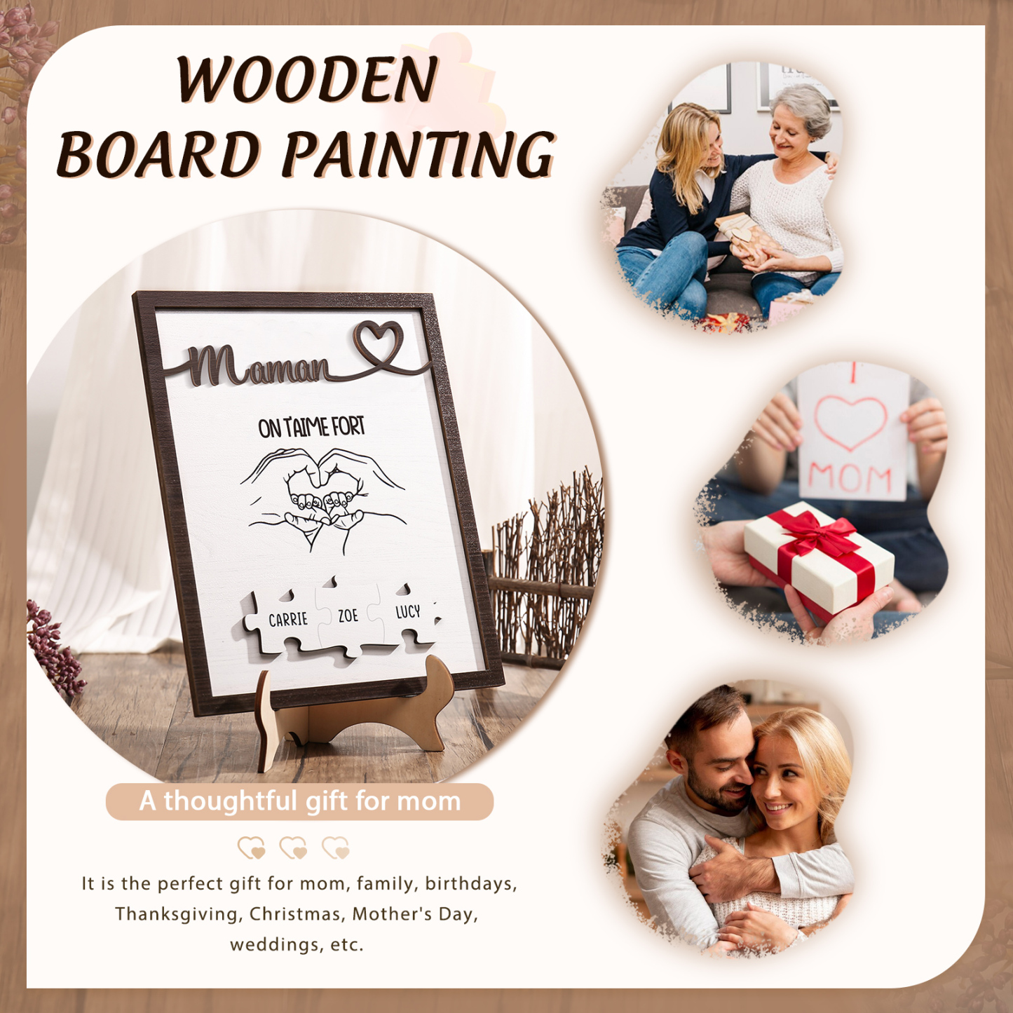 À Maman - Décoration en bois Mains et Puzzles 3 Prénoms et 1 Texte Personnalisés Ornement Famille