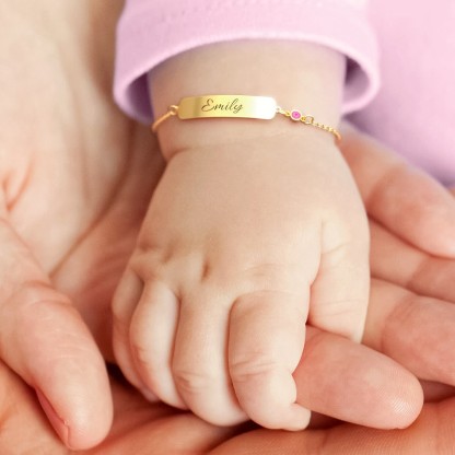 Bracelet / cheville Gourmette bébé gravable 1 Prénom Personnalisés avec 1 Pierre de Naissance
