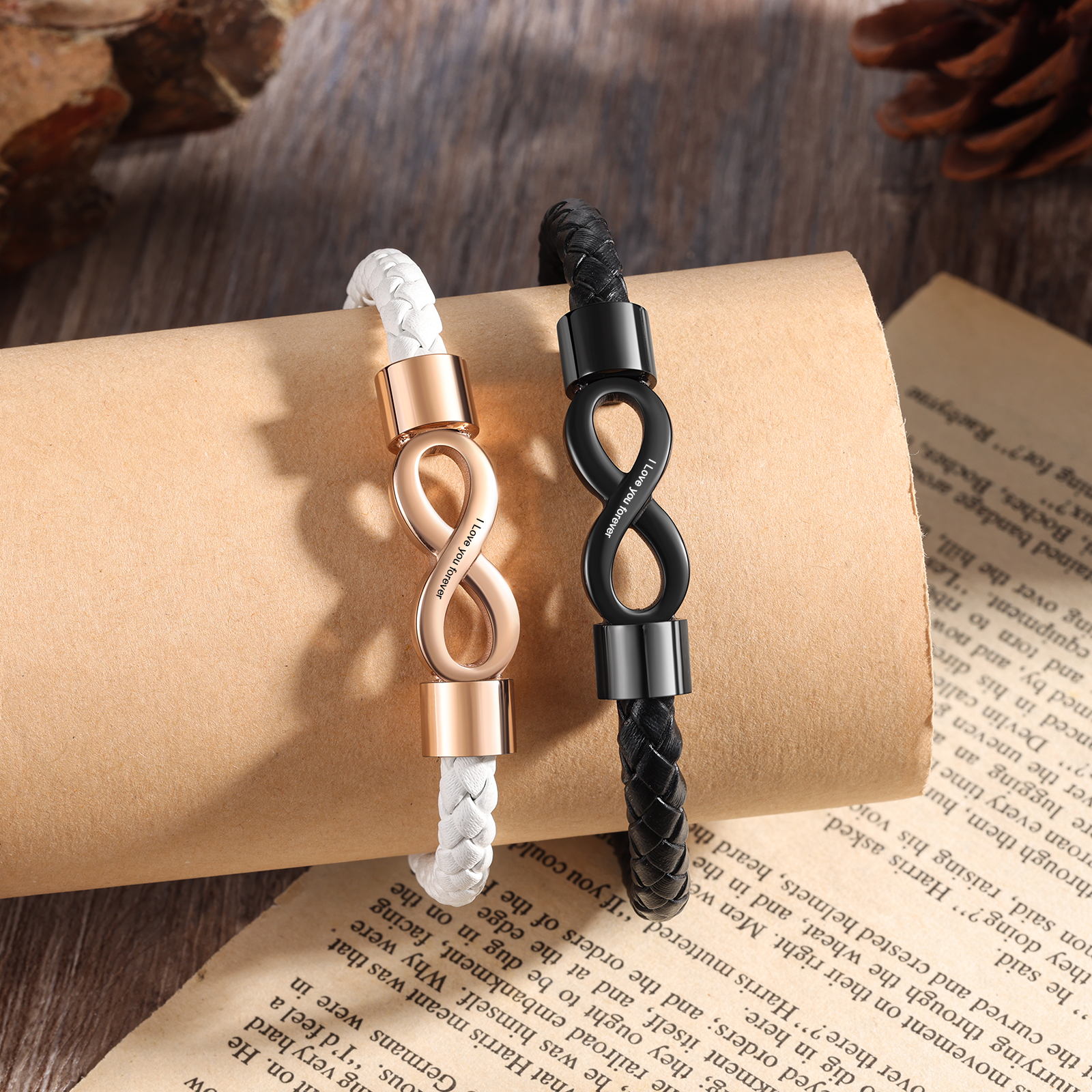 Bracelet Cuir Infini Magnétique 1 Texte Personnalisé pour Couple