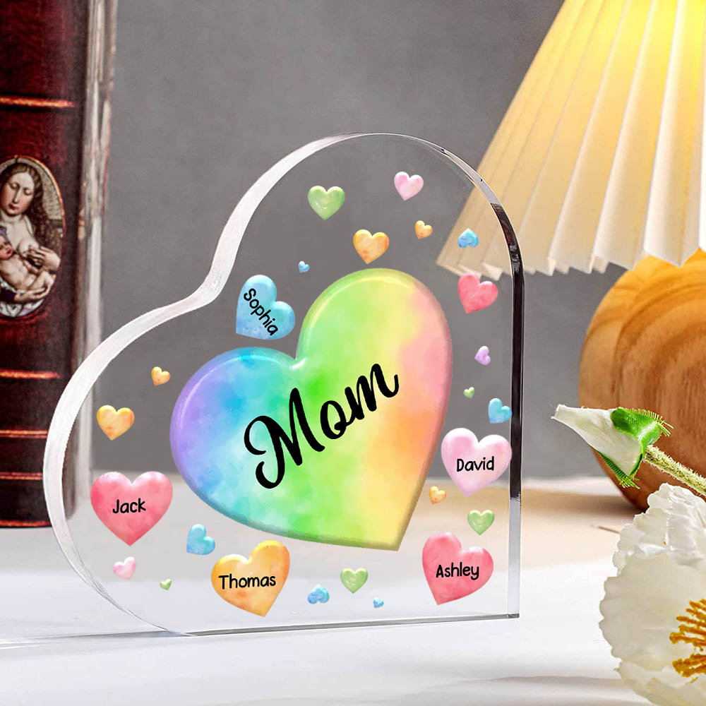 À ma Maman/Mamie - Plaque Acrylique en Forme de Cœur 5 Prénoms Personnalisés avec 1 Texte