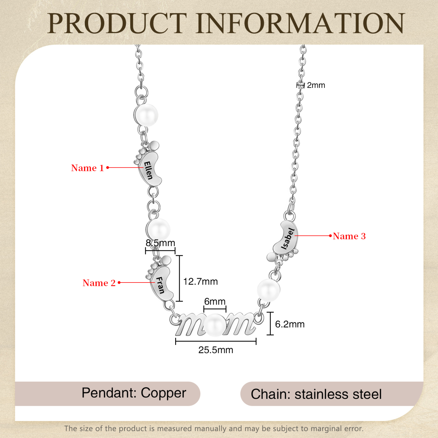 Collier Pieds Bébé et Perles 3 Prénoms Personnalisés Collier pour Maman | Jessemade