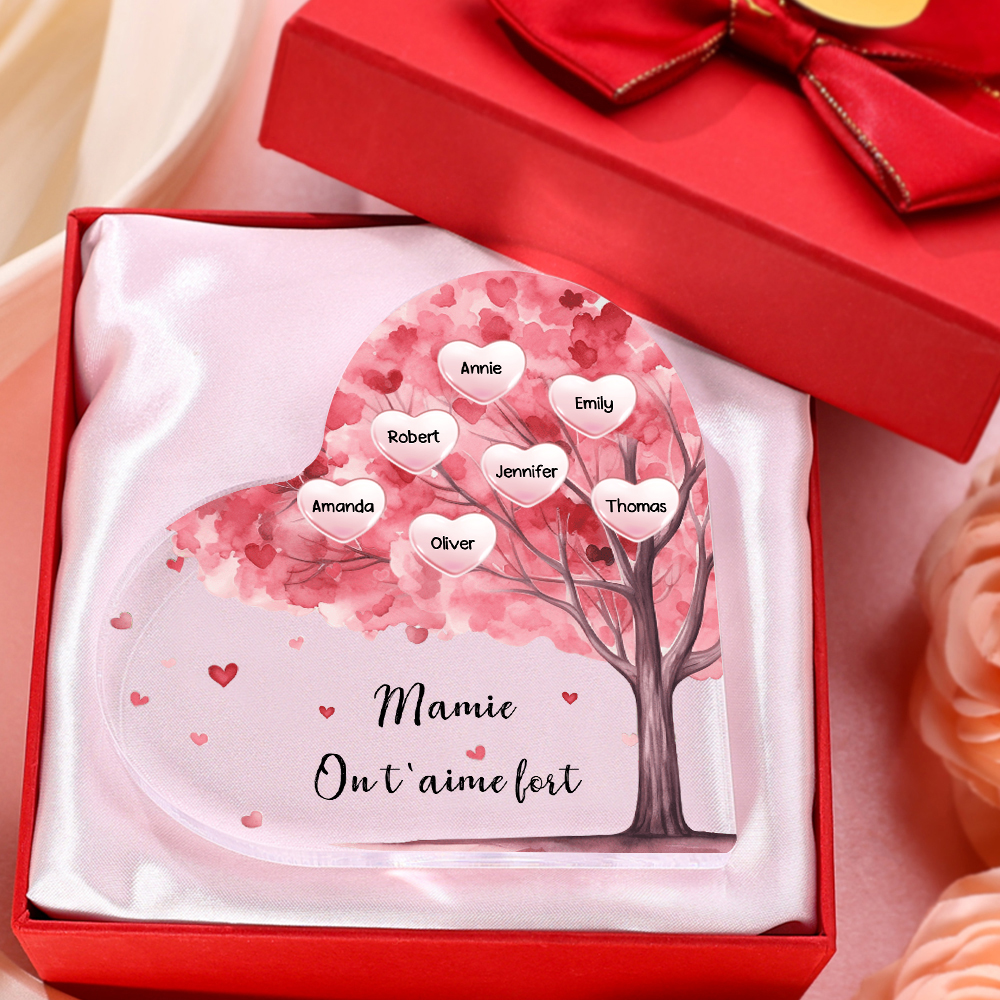 À ma Maman/Mamie - Plaque Acrylique Arbre en Forme de Cœur 7 Prénoms Personnalisés avec 1 Texte