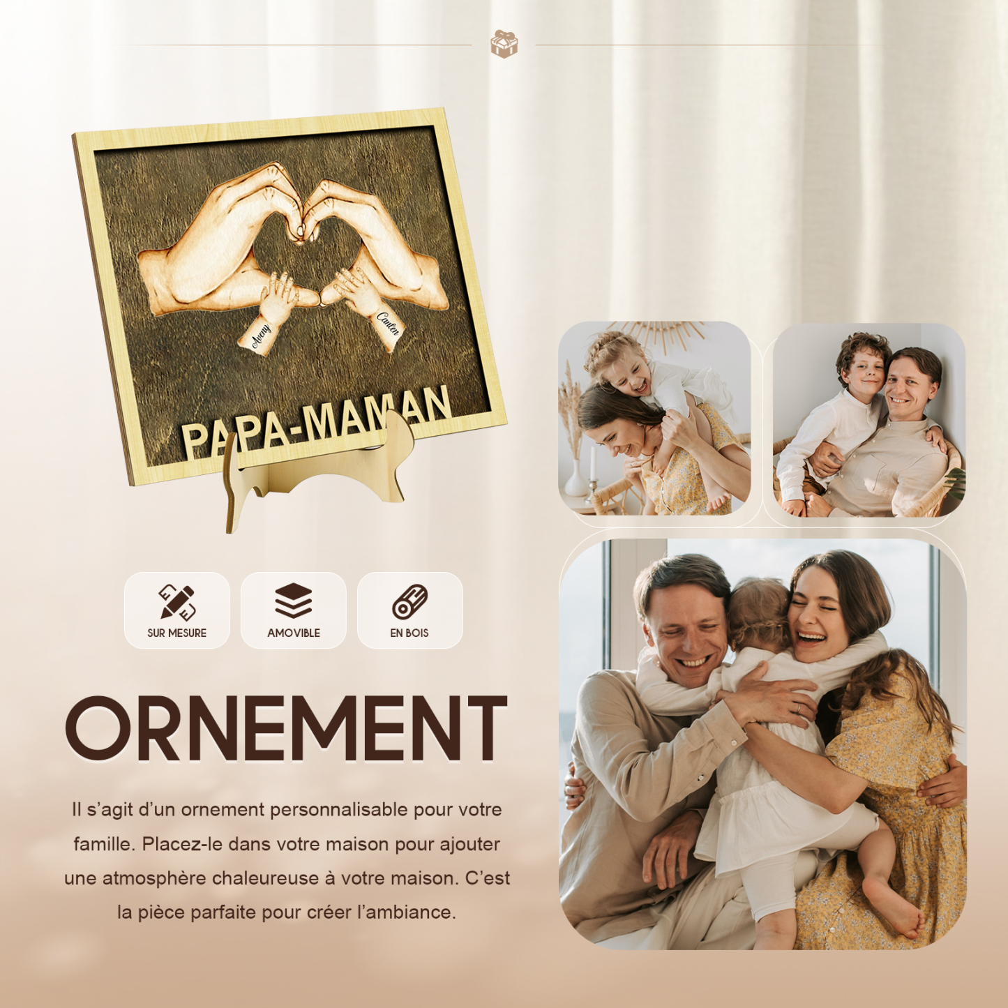 Décoration en bois la Main dans la Main 2 Prénoms Personnalisés Ornement pour Famille