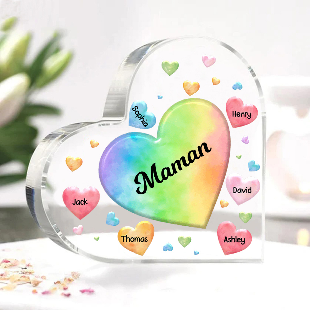 À ma Maman/Mamie - Plaque Acrylique en Forme de Cœur 6 Prénoms Personnalisés avec 1 Texte
