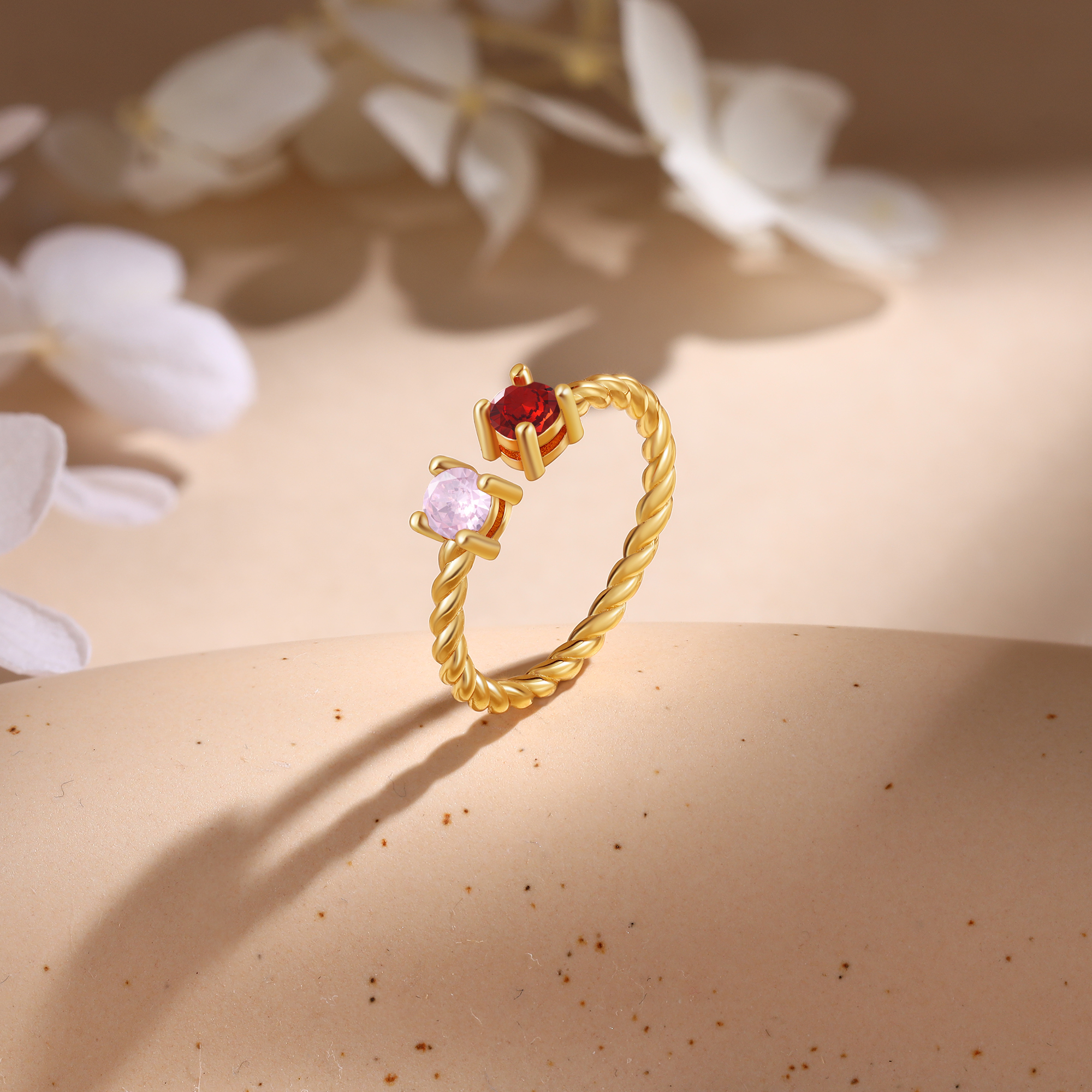 Bague Ouverte 2 Pierres de naissance Personnalisées pour Femmes