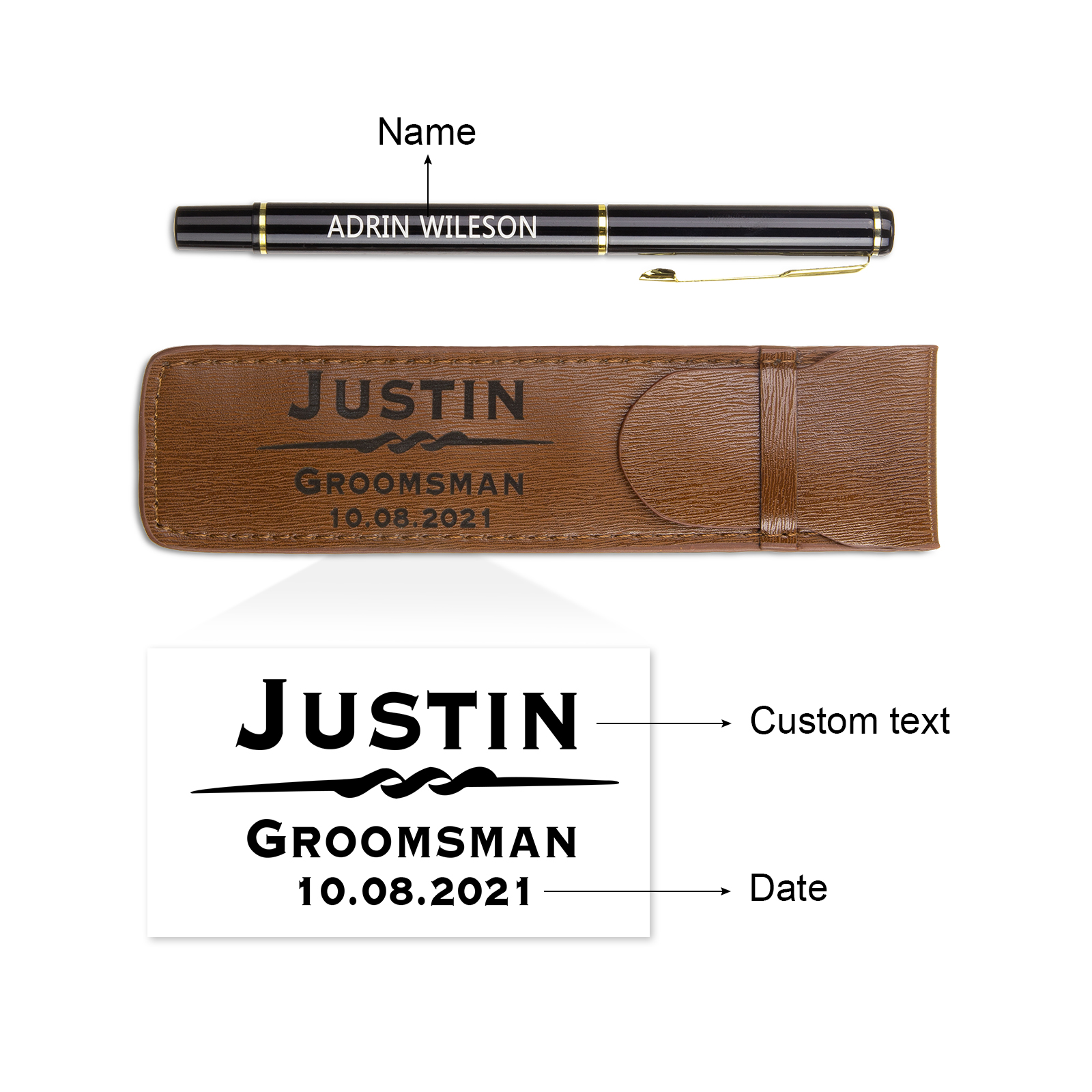 Porte-Stylo en Cuir PU Prénom Personnalisé avec un stylo