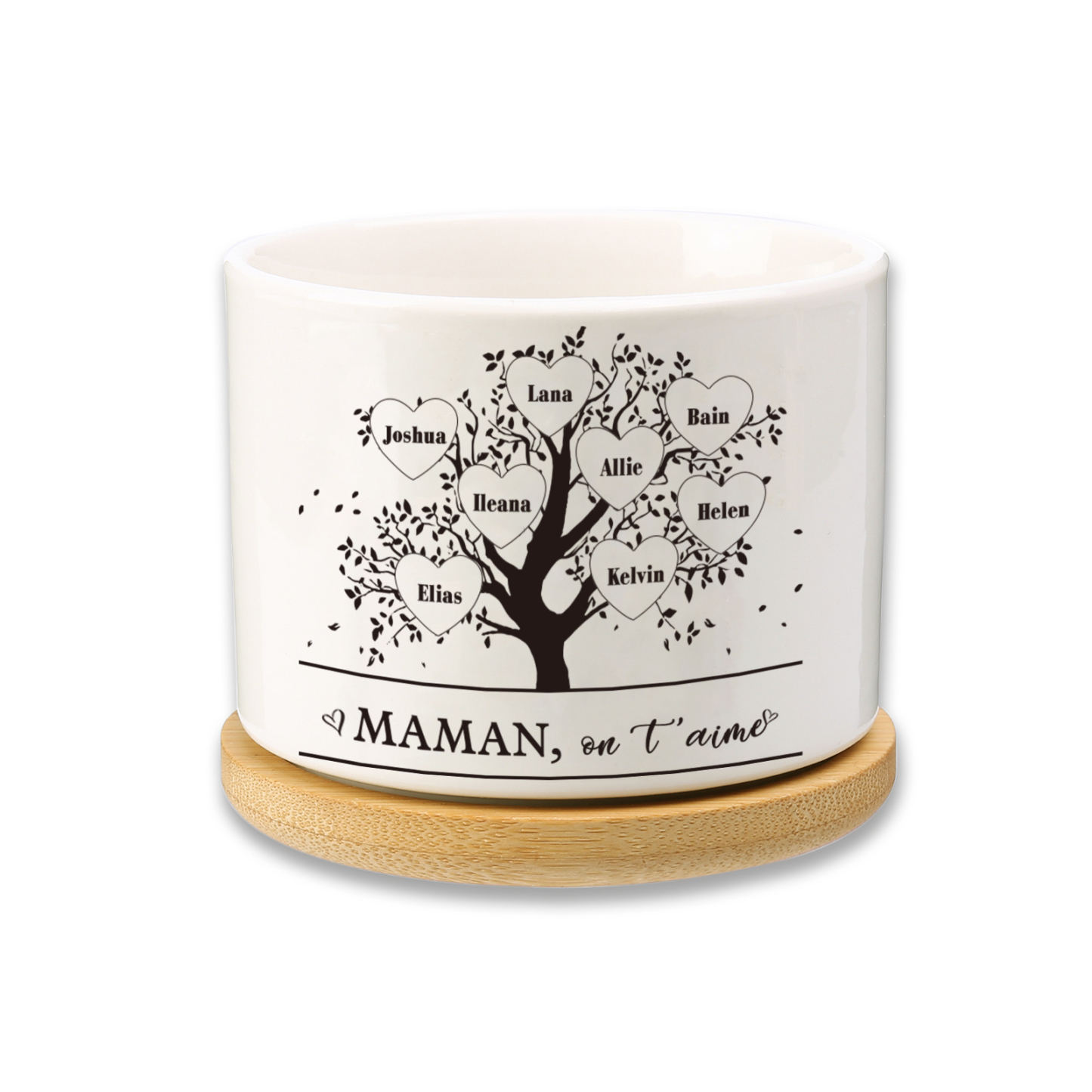 Vase/Pot de Fleurs Arbre de vie 8 Prénoms Personnalisés avec Texte Décoration de la Maison (sans plantes)