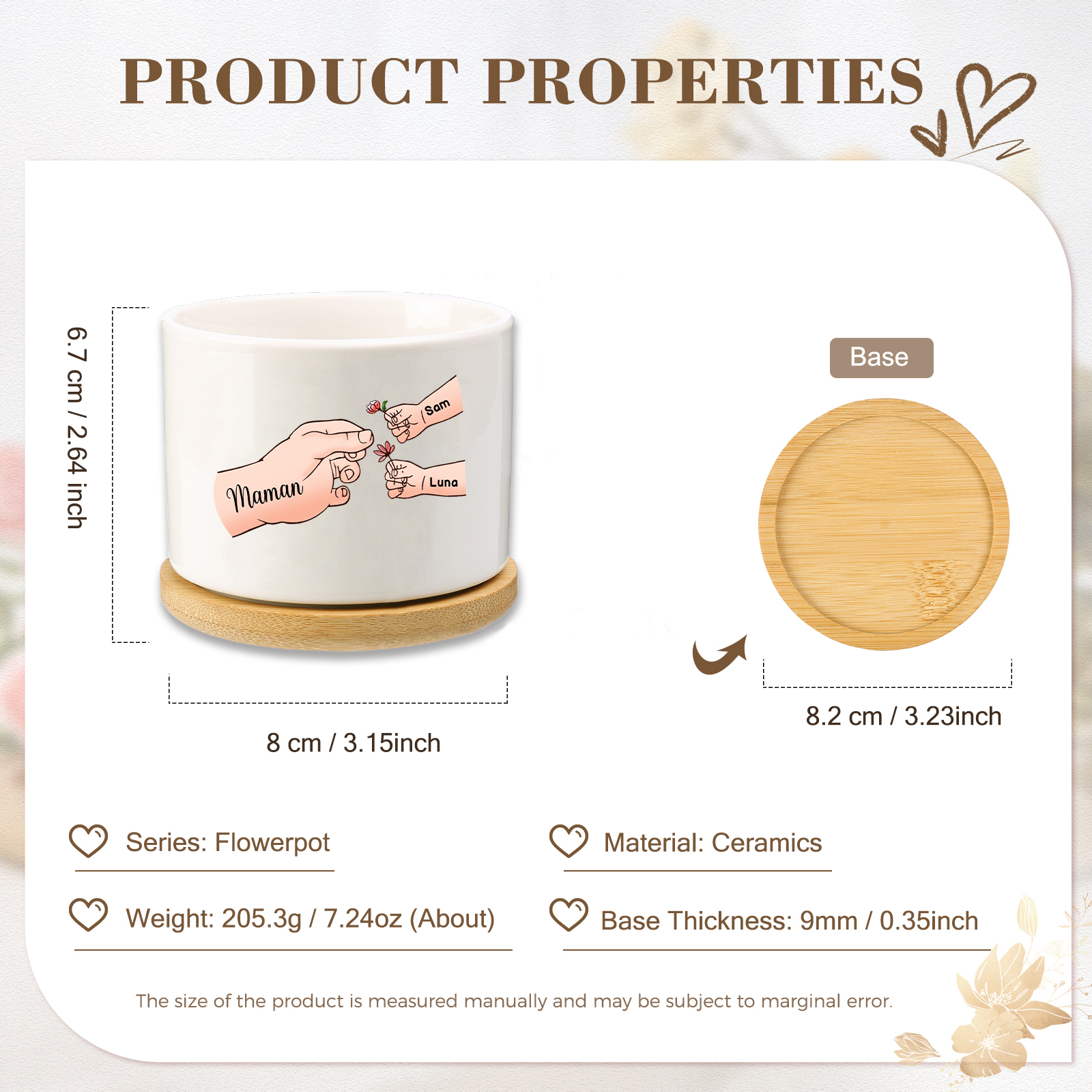 Vase/Pot de Fleurs mains et enfants 3 Prénoms Personnalisés Décoration de la Maison (sans plantes)