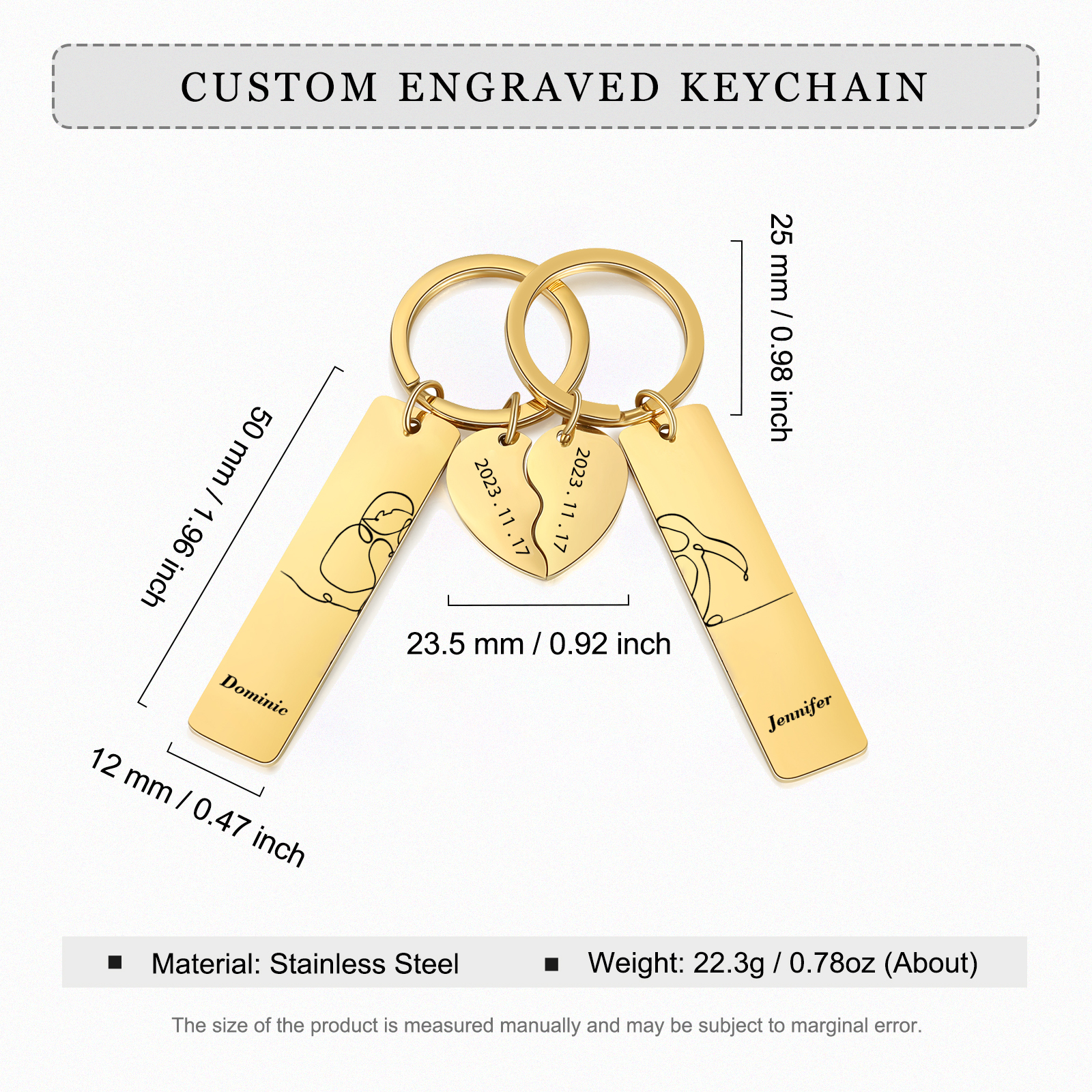 Porte-Clés 2 Prénoms Personnalisés avec 2 Dates Porte-Clés Cœur | Jessemade