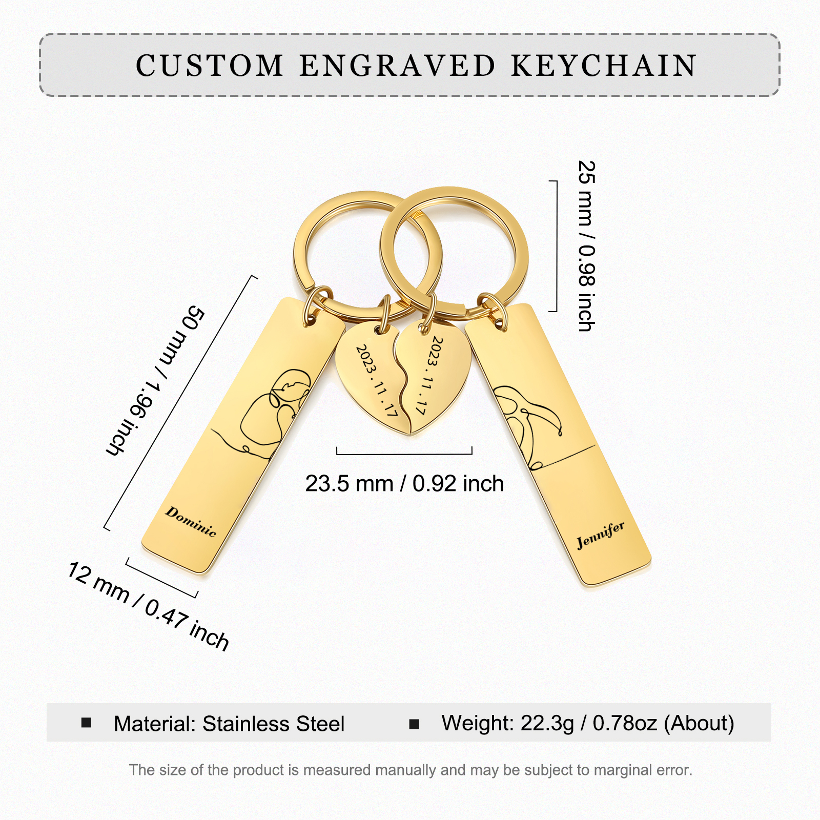 Porte-Clés 2 Prénoms Personnalisés avec 2 Dates Porte-Clés Cœur | Jessemade