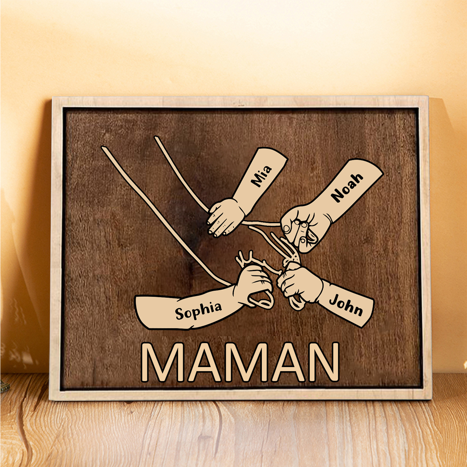 À Papi/Mamie - Cadre en Bois la Main dans la Main 4 Prénoms Personnalisés avec Texte Cadeau pour Famille