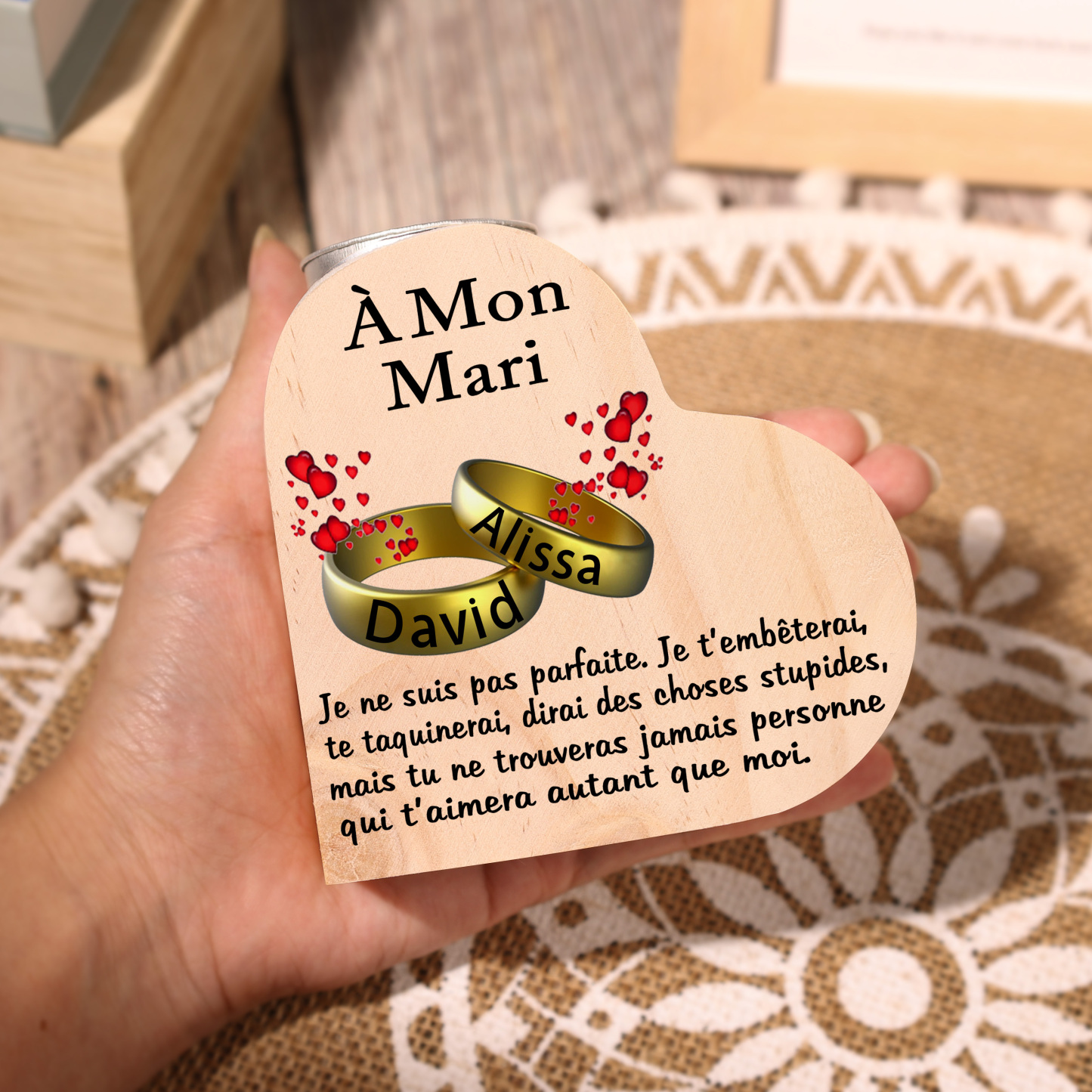 À Mon Mari-Bougeoir en Bois Couple 2 Prénoms Personnalisés sans bougie