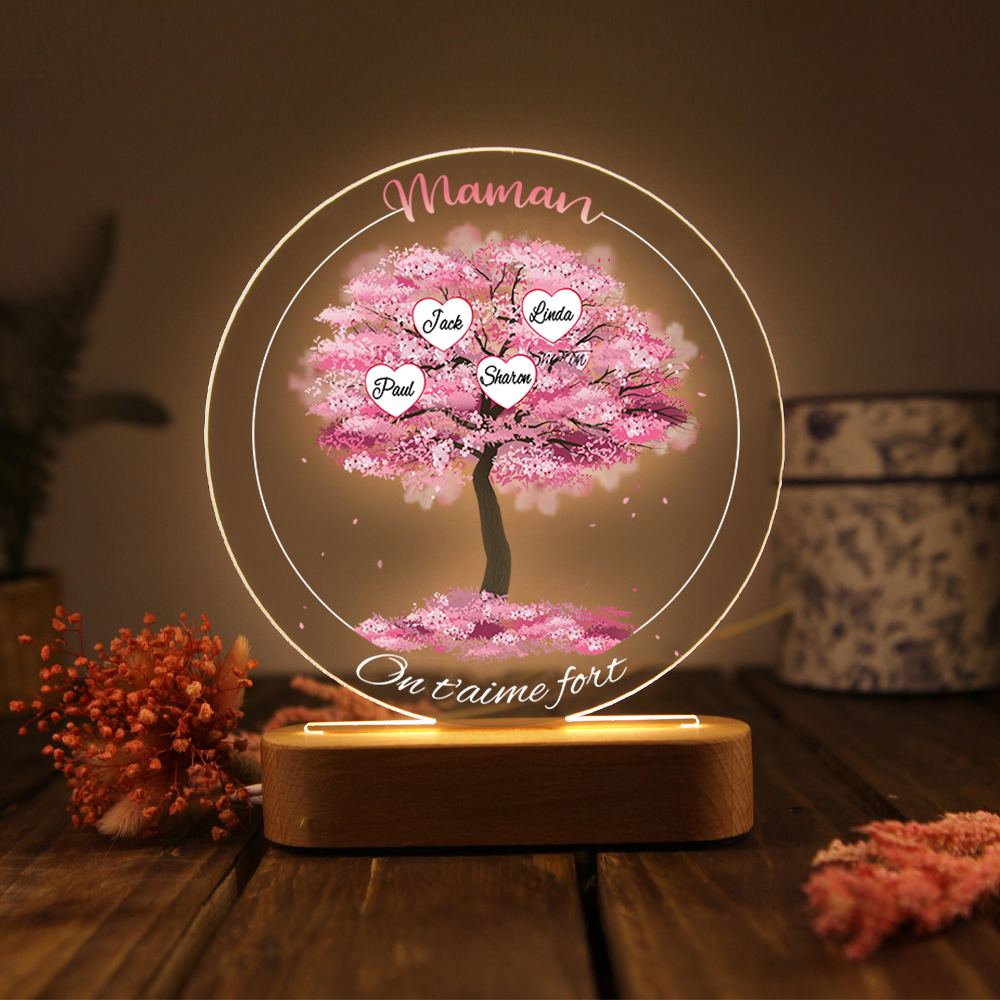 À Maman/Mamie - Lampe de chevet LED Lumières Arbre 4 Prénoms et 2 Textes Personnalisés pour Famille