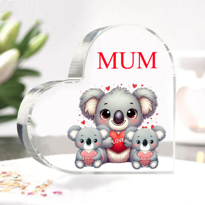 À ma Maman/Mamie - Plaque Acrylique en Forme de Cœur Koala 2 Prénoms Personnalisés avec 1 Texte