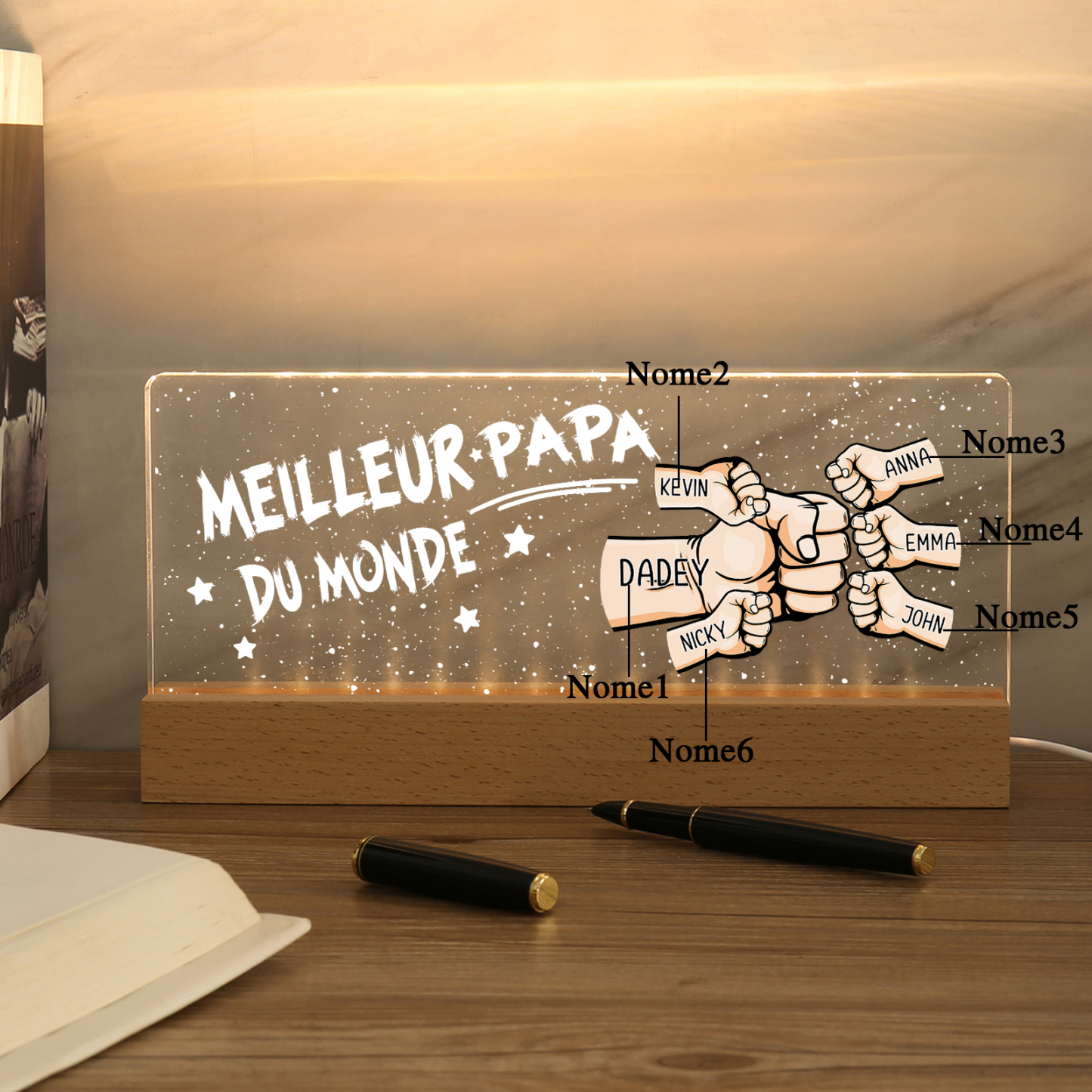 À mon Papa- Lampe de chevet LED Poings 6 Prénoms Personnalisés