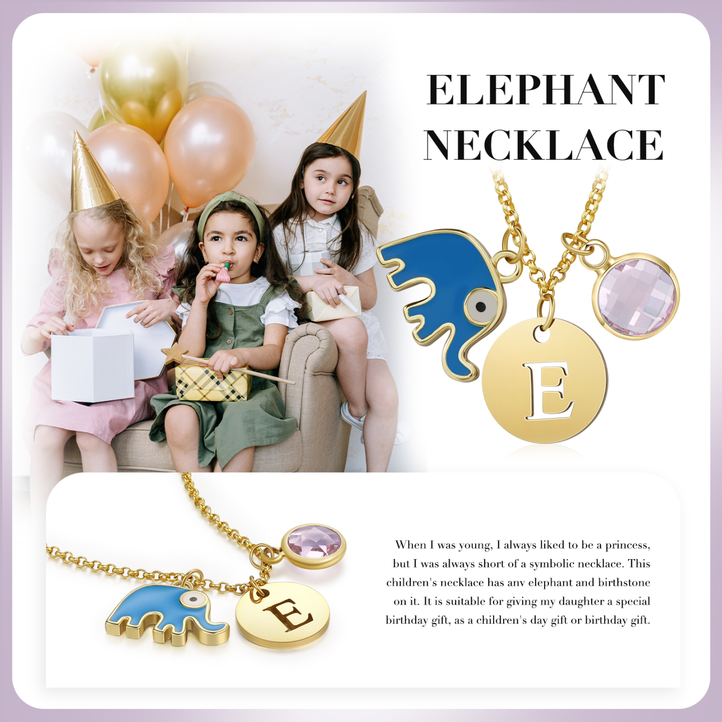 Collier Enfants Bébé Collier Éléphant 1 Pierre de Naissance et 1 Lettre pour Fille Filleule