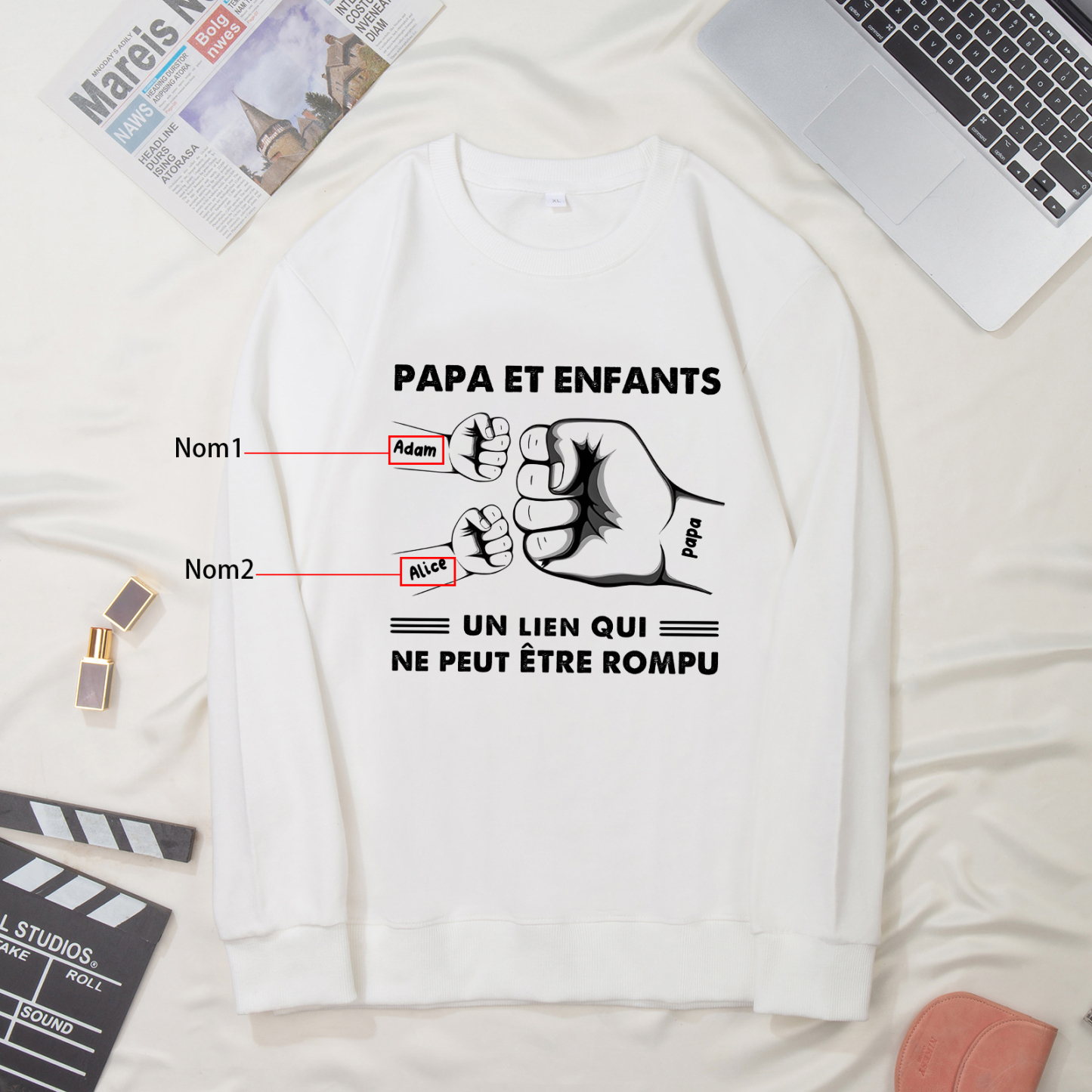 À mon Papa - Sweat-Shirt Poings 2 Prénoms Personnalisés