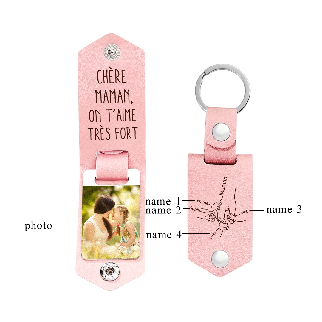 À ma Maman - Porte-Clés Cuir la Main dans la Main 4 Prénoms Personnalisés avec Photo