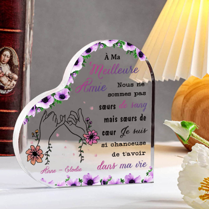 À Meilleure Amie - Plaque Acrylique en Forme de Cœur 2 Prénoms Personnalisés