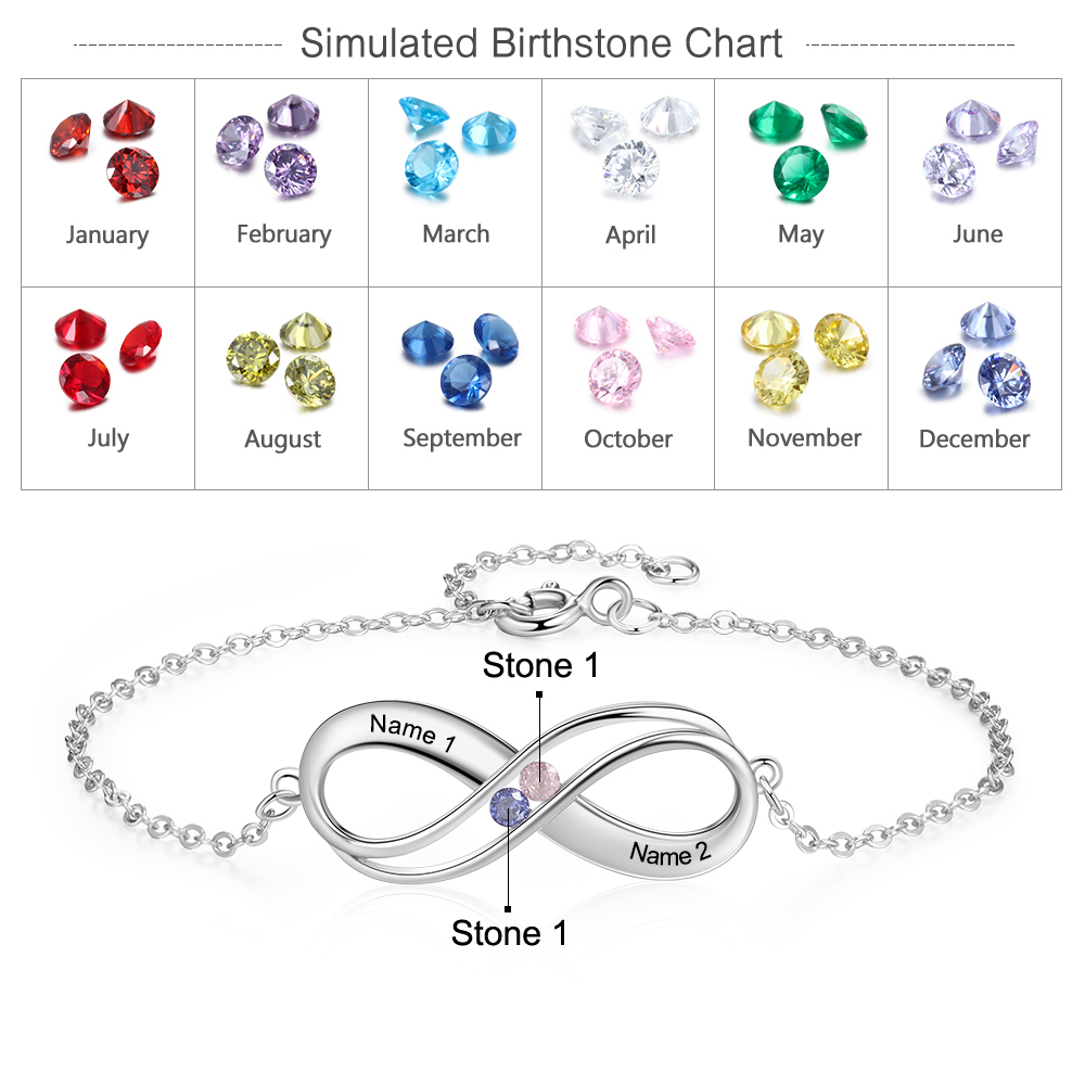 Bracelet Infini en Argent 925 réglable personnalisé avec 2 Pierres de Naissance et Noms